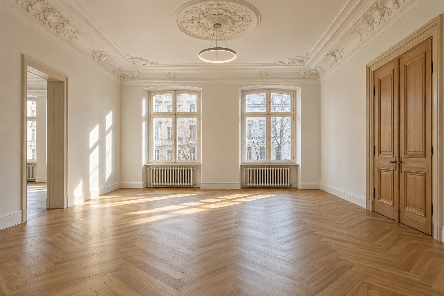 Visualisierung eines fertig sanierten Münchner Altbau-Wohnraums