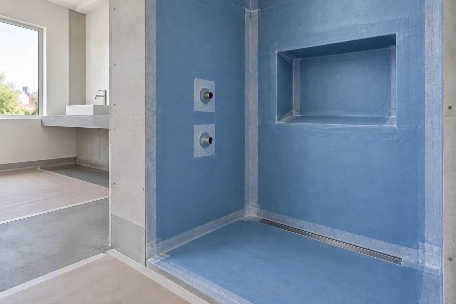 Visualisierung der Abdichtung einer Dusche mit Nische und Rohrdurchführungen