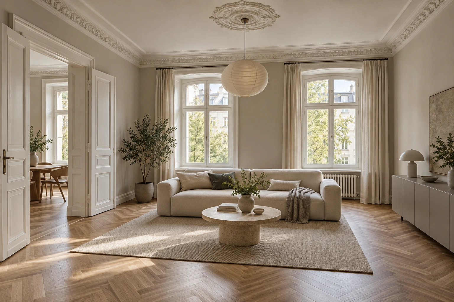 Visualisierung eines fertig sanierten Altbauwohnraums mit erhaltenen Details