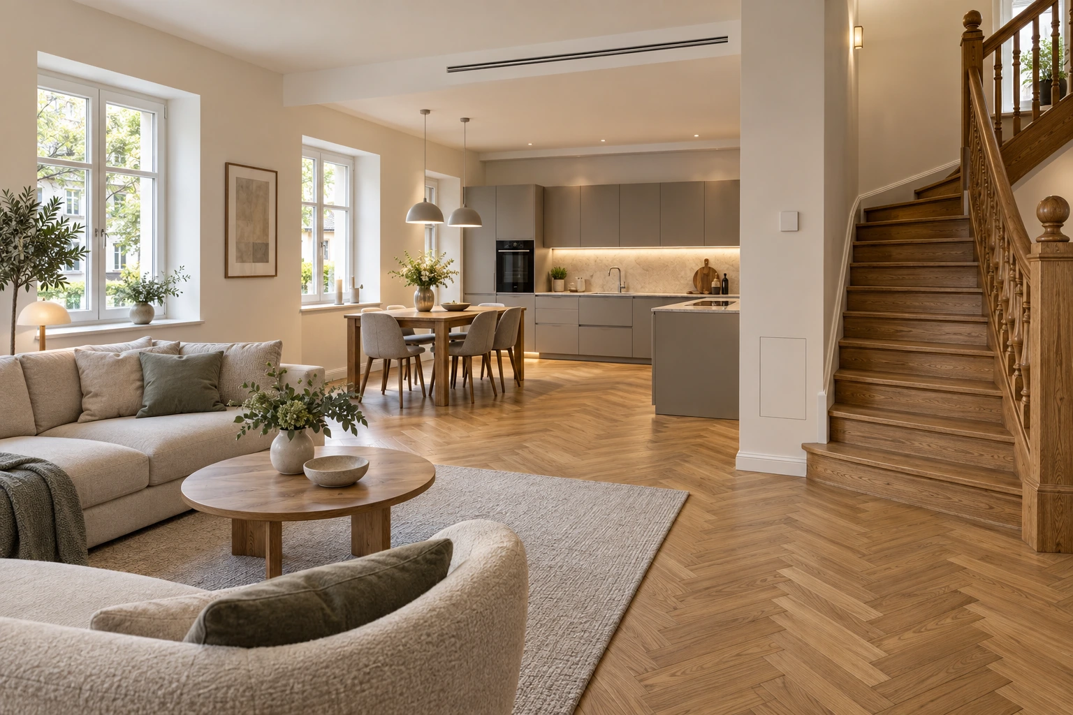 Visualisierung eines fertig sanierten Münchner Hauses mit Parkett, Holztreppe, Küche und neuen Fenstern