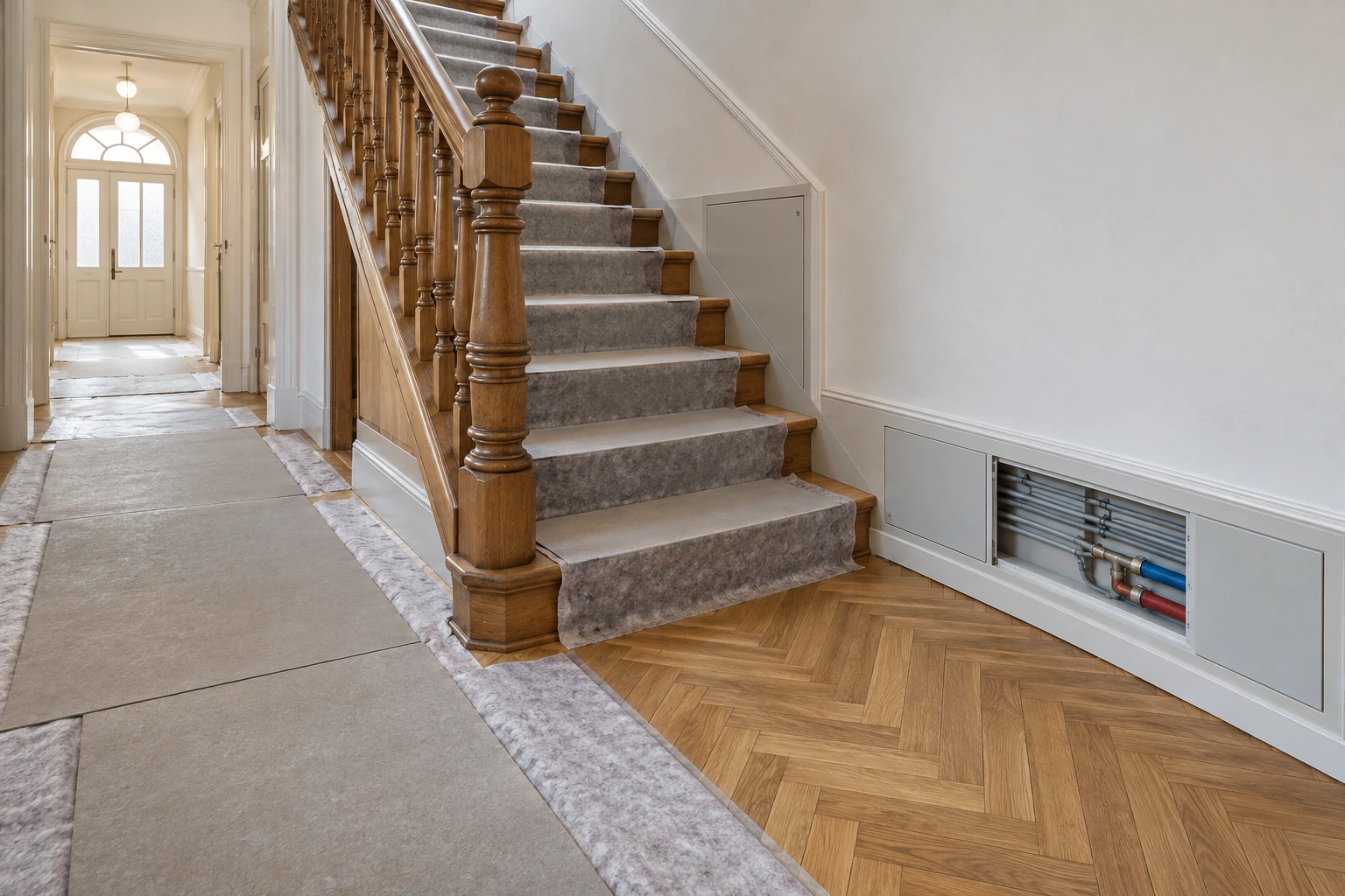 Visualisierung einer geschützten Holztreppe und Parkettfläche mit zugänglichem Technikweg