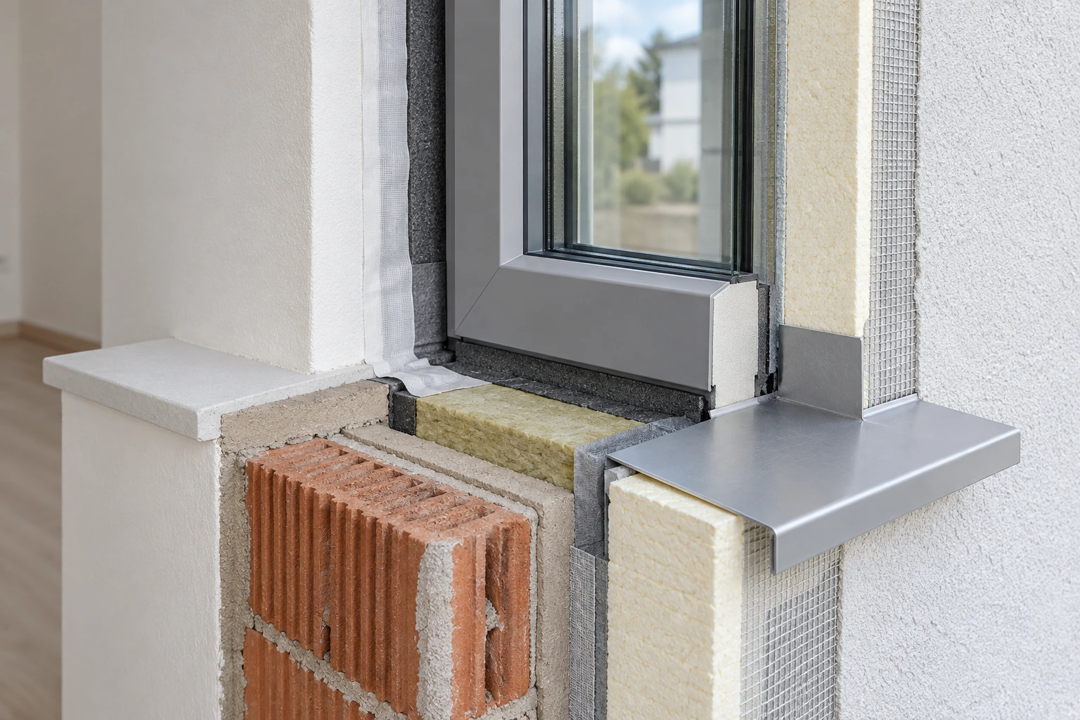 Visualisierung eines luftdichten Fensteranschlusses mit Innenlaibung, Fassadendämmung und Außensohlbank