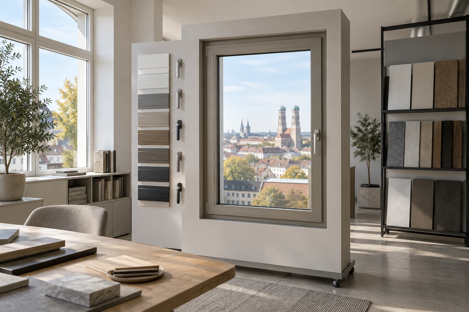 Visualisierung einer professionellen Fensterbemusterung mit Profilen, Griffen und Oberflächen