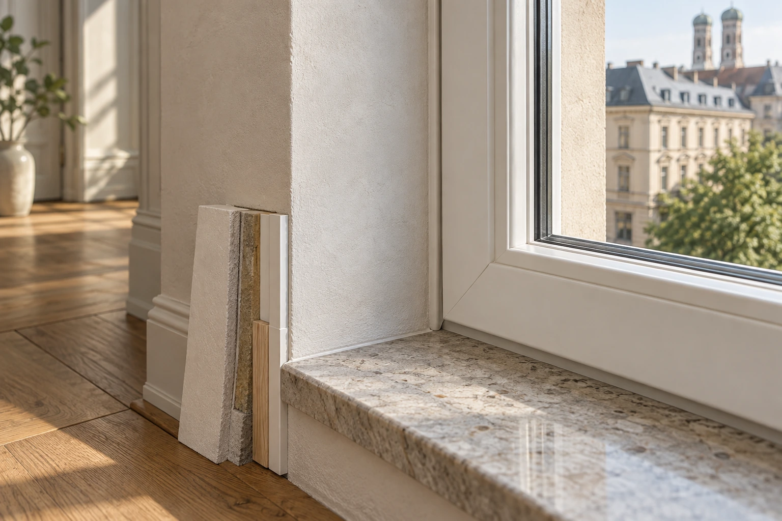 Visualisierung eines sauber fertiggestellten Fensteranschlusses an Laibung und Sohlbank