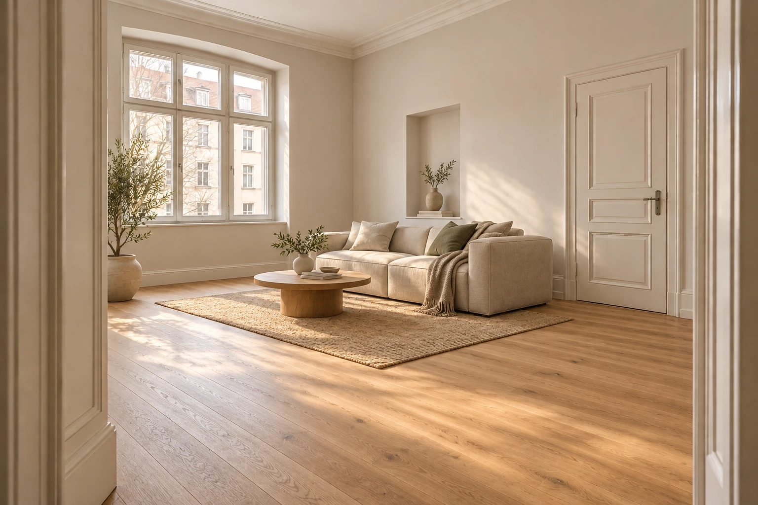 Visualisierung des fertigen Wohnraums mit neuem Holzboden