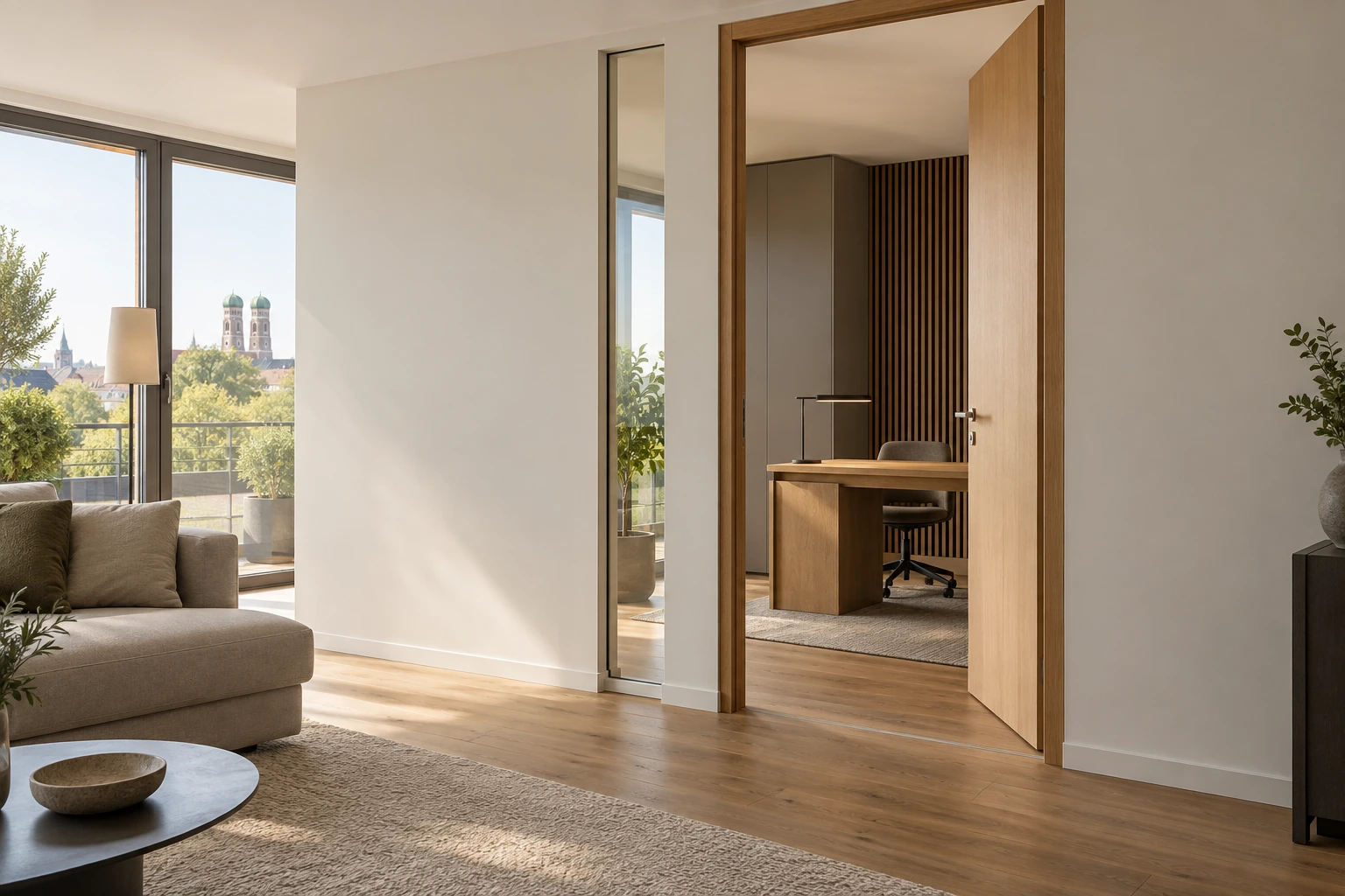 Visualisierung einer neuen Trockenbau-Trennwand mit Tür für ein ruhiges Arbeitszimmer