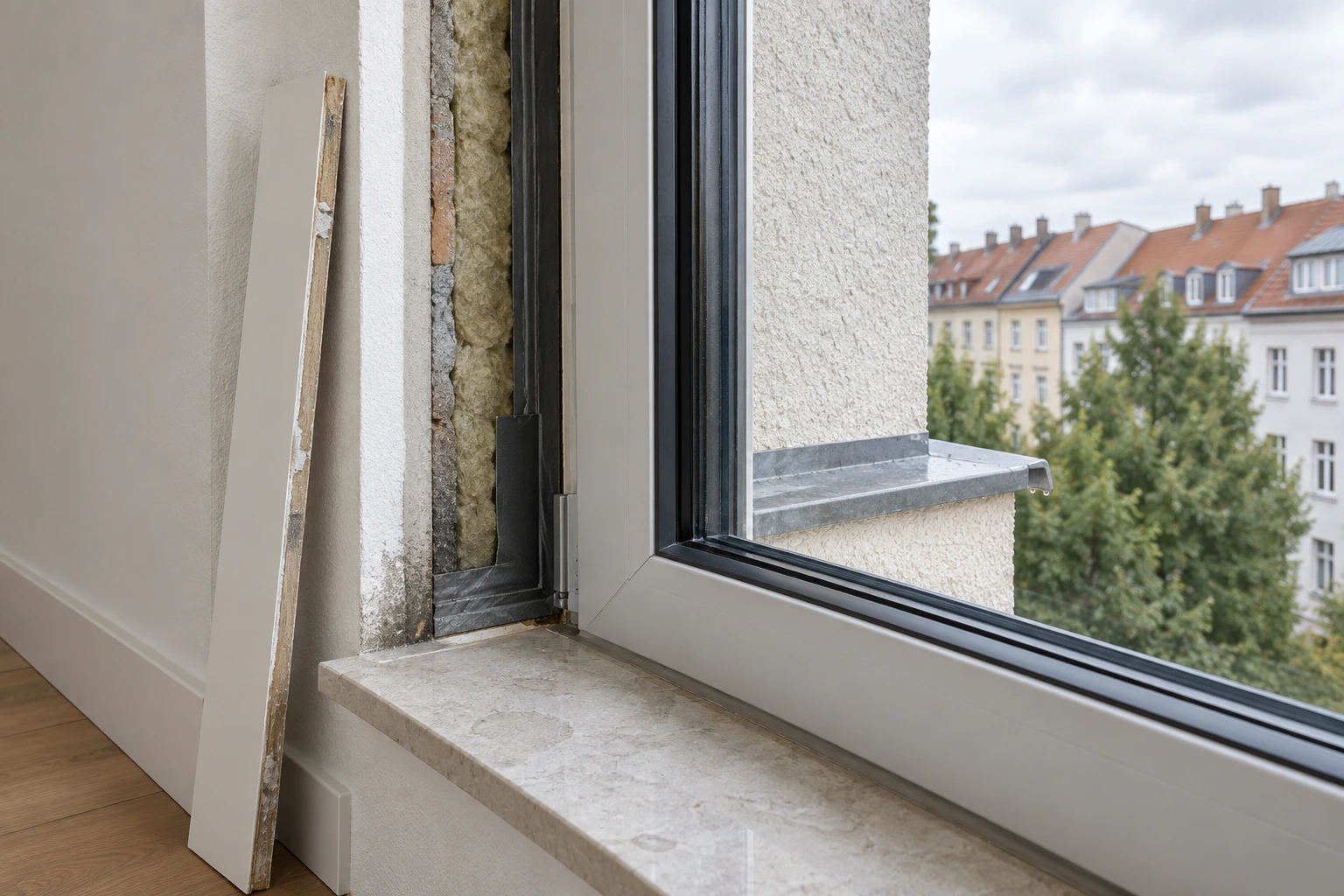 Visualisierung eines geöffneten Fensteranschlusses mit Laibungs-, Dämm- und Sohlbankaufbau