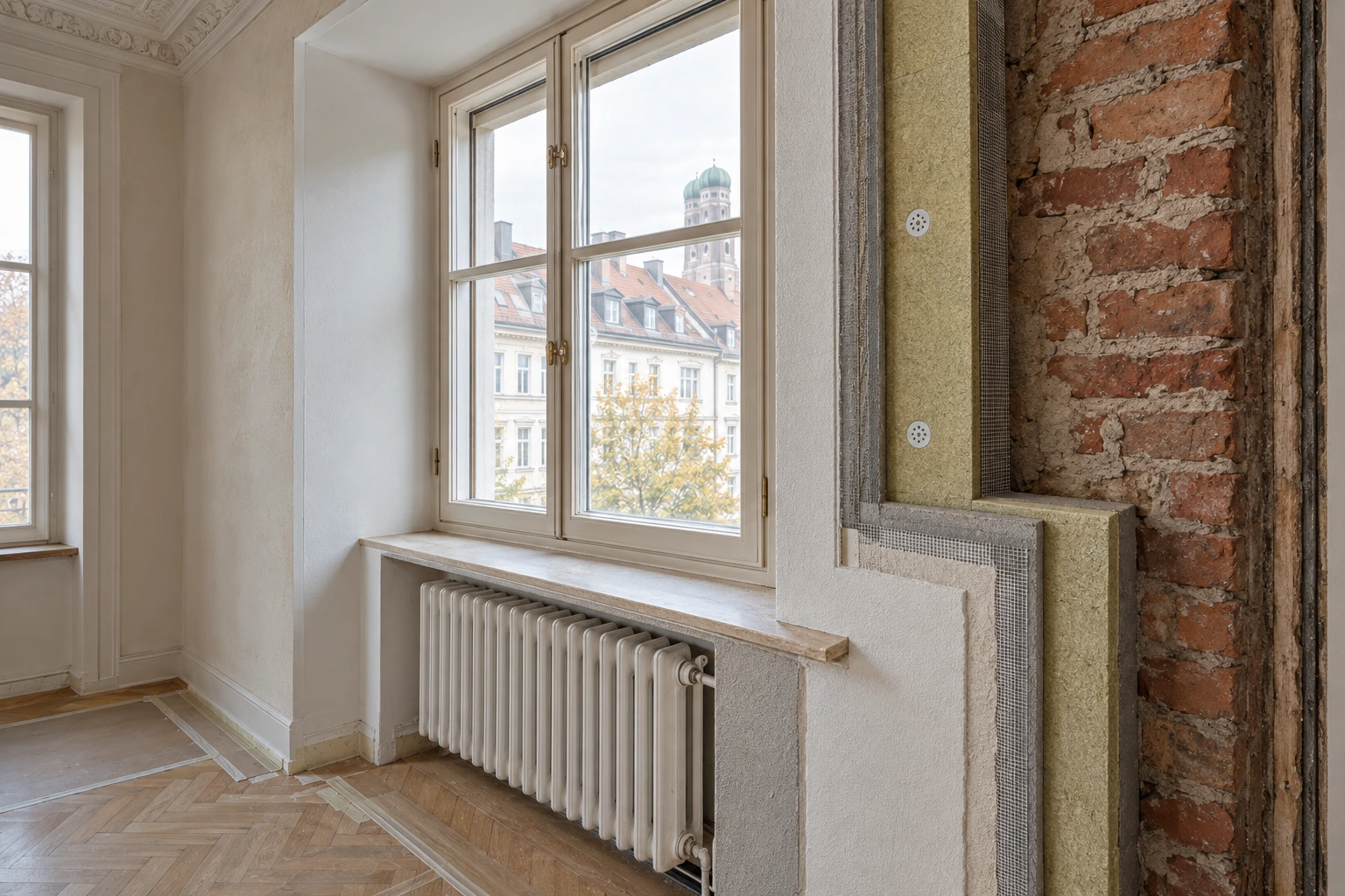 Visualisierung einer Innendämmung am Altbaufenster mit durchgehendem Laibungsanschluss