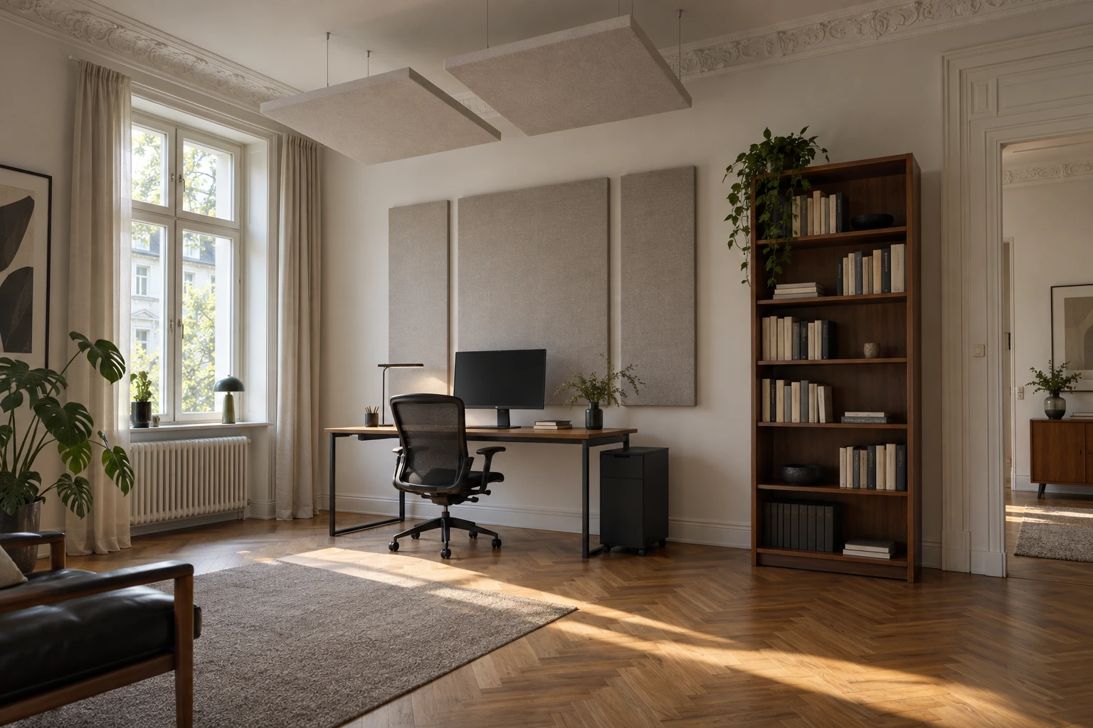 Visualisierung einer lokal behandelten Raumakustik im Altbau-Arbeitszimmer