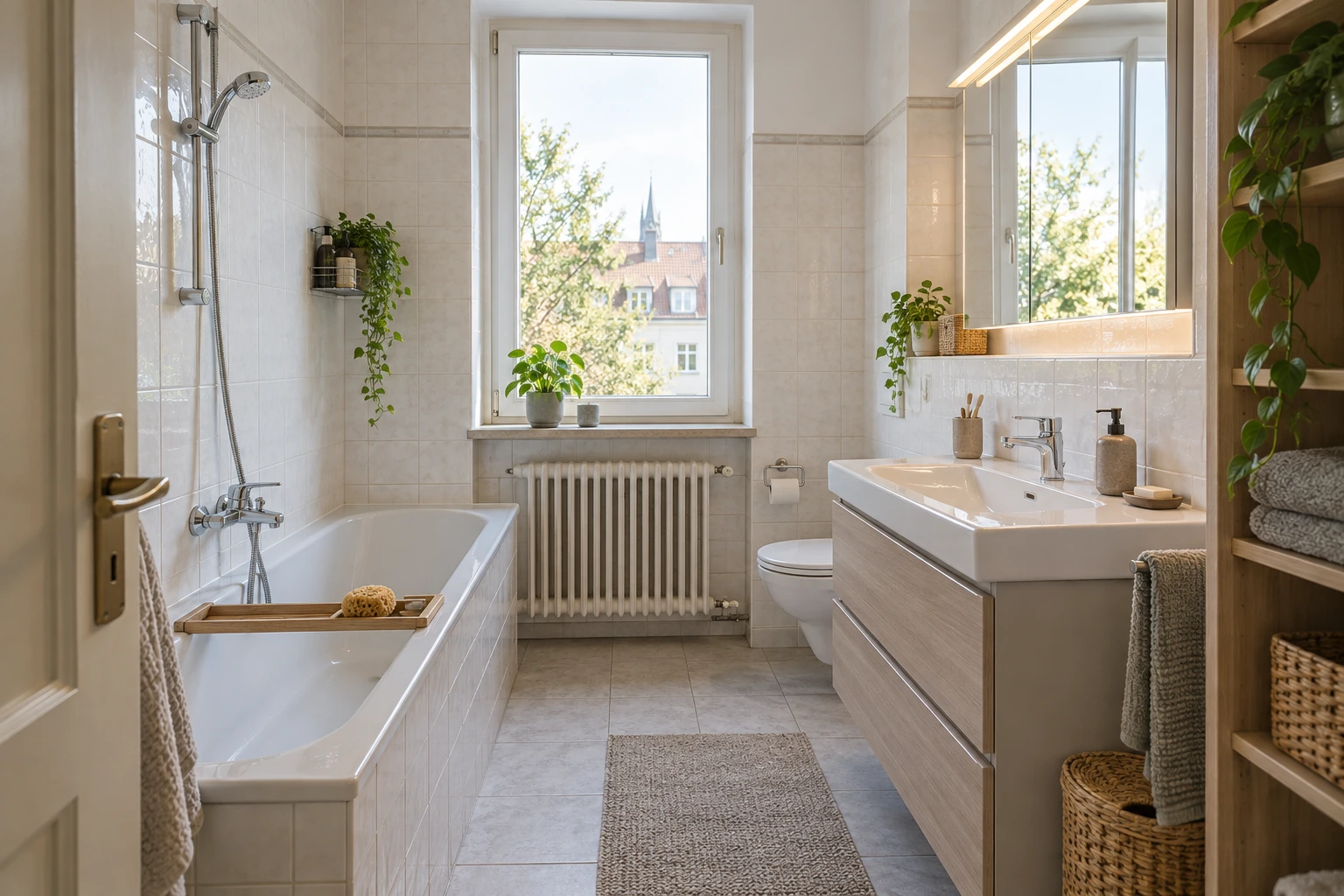 Visualisierung einer behutsamen Badauffrischung mit erhaltener Wanne und Anordnung