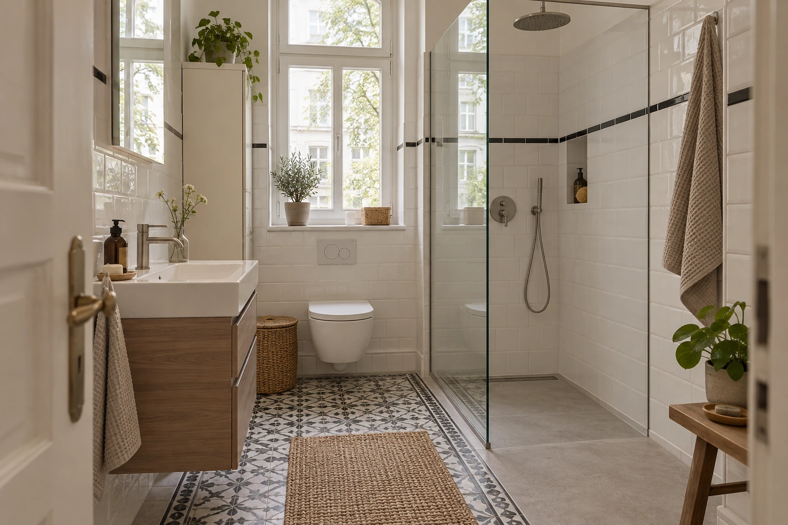 Visualisierung eines gezielten Teilumbaus mit Dusche und schmalerem Waschplatz