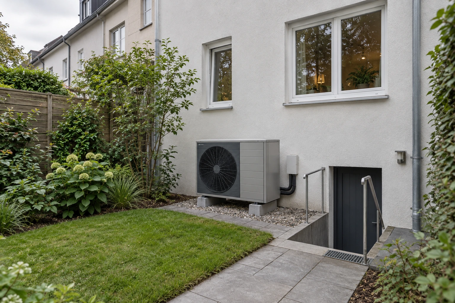 Visualisierung einer Wärmepumpen-Aufstellung im schmalen Reihenhausgarten