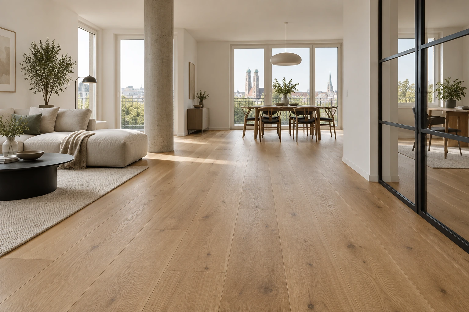Visualisierung eines Wohnraums mit längs verlegten breiten Eichendielen