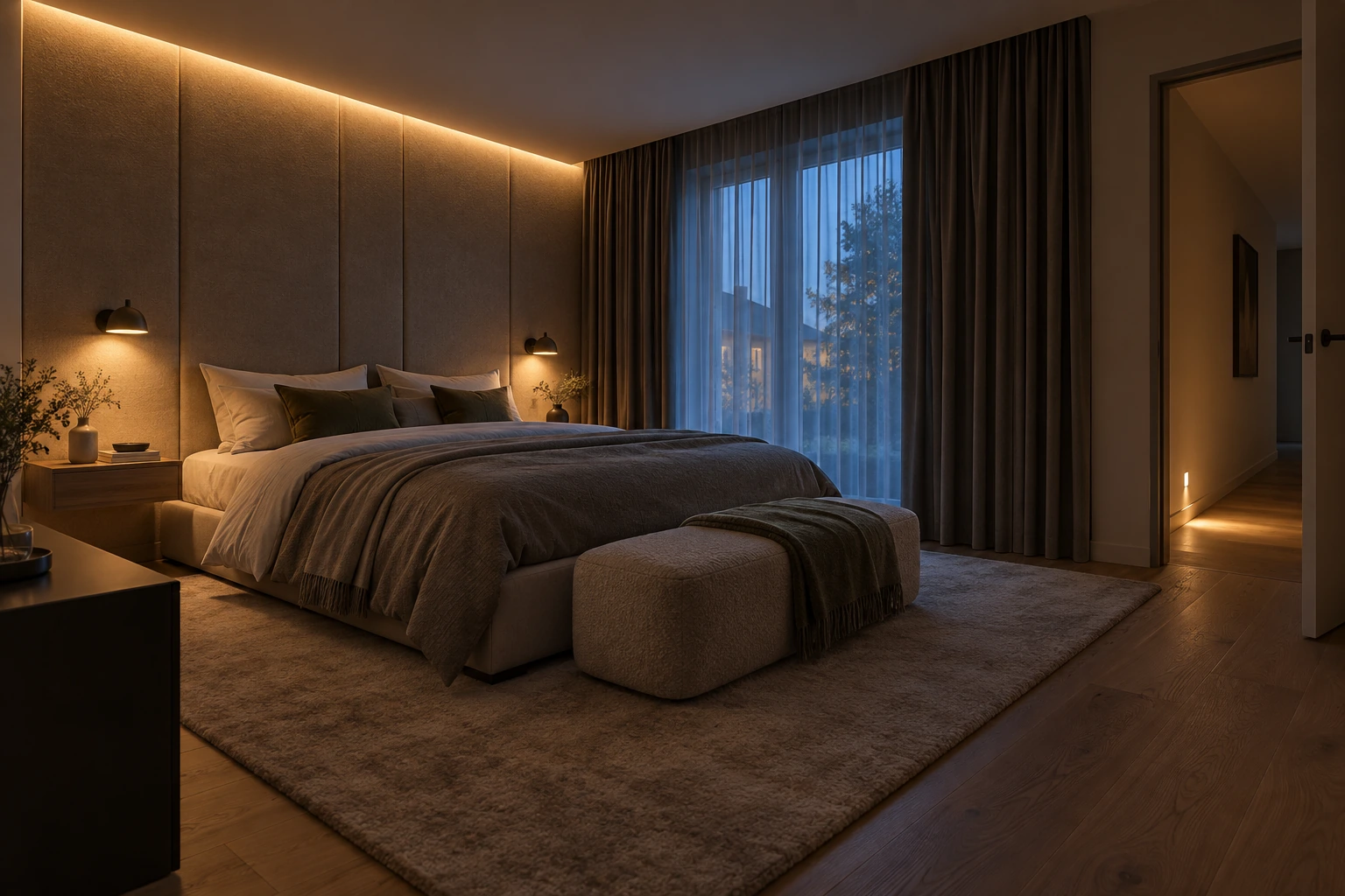 Visualisierung eines ruhigen Licht- und Akustikkonzepts für das Schlafzimmer