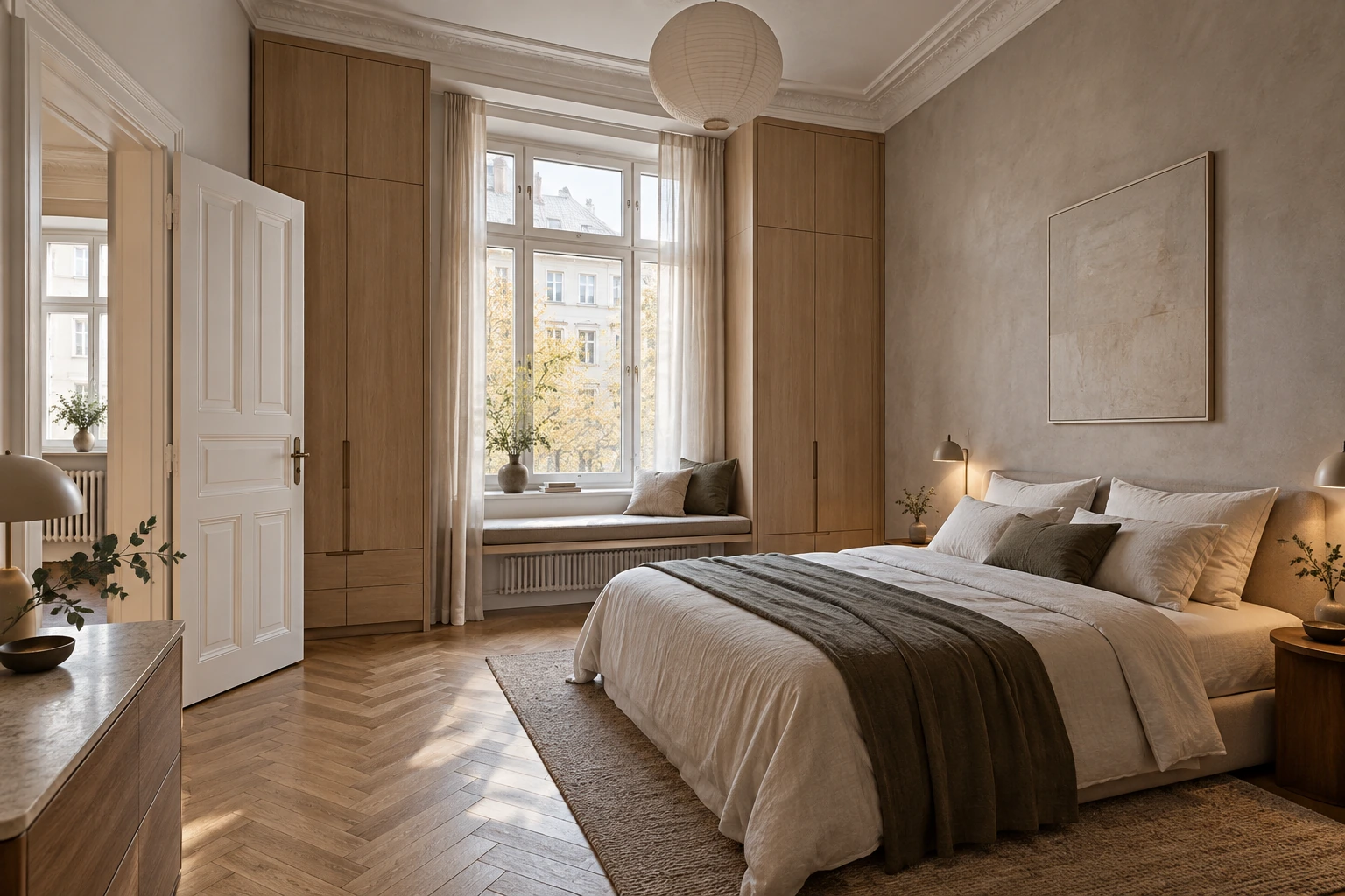 Visualisierung eines Altbau-Schlafzimmers mit Fensterbank und maßgefertigten Schränken