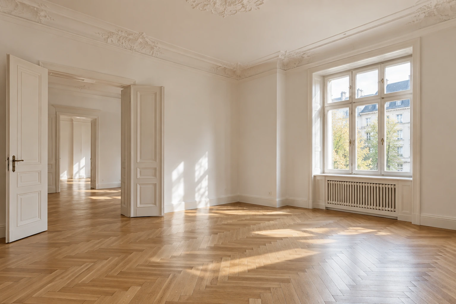 Visualisierung eines fertig renovierten Altbauraums mit bewahrten historischen Details