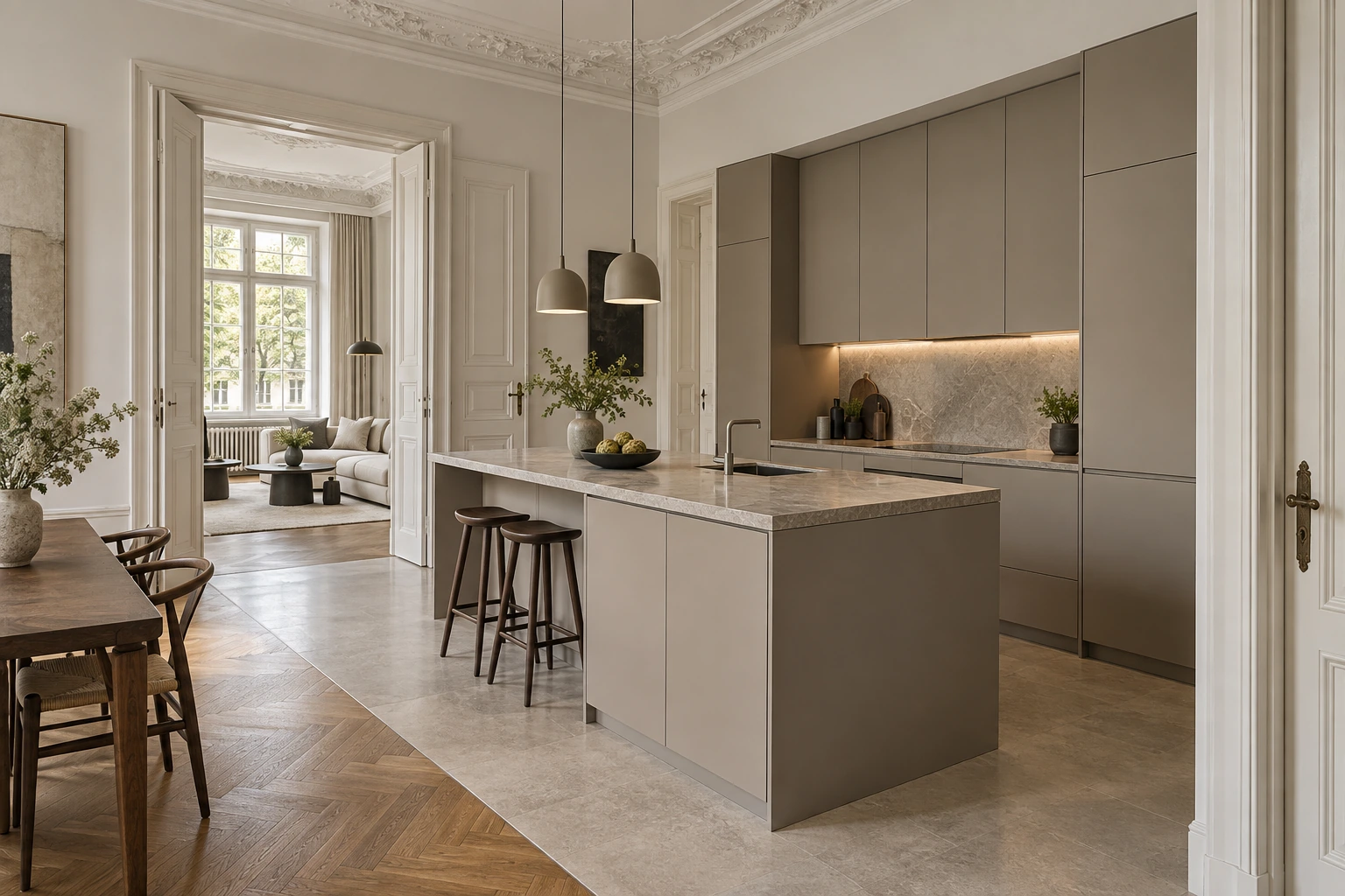 Visualisierung einer modern integrierten Einbauküche im Münchner Altbau