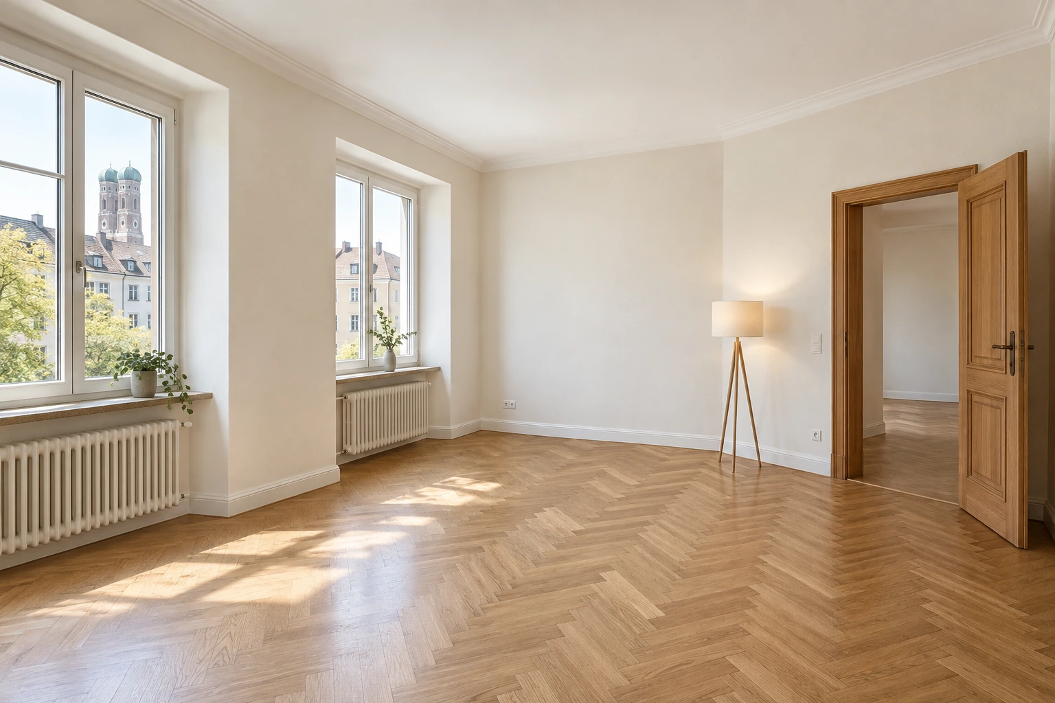 Visualisierung eines Wohnraums nach erneuerten Wand- und Deckenoberflächen