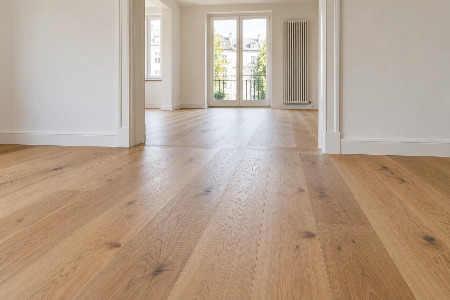 Visualisierung einer Wohnung mit erneuertem Eichenboden und sauberen Sockelanschlüssen