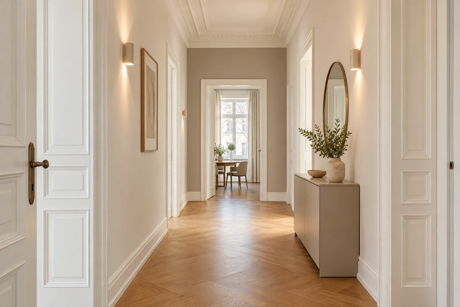 Visualisierung eines frisch gestrichenen Münchner Wohnungsflurs mit sauberen Kanten
