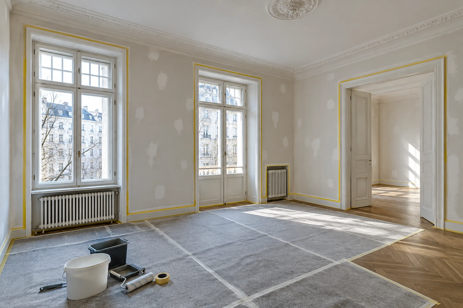 Visualisierung eines fachgerecht für Malerarbeiten vorbereiteten Münchner Altbauraums