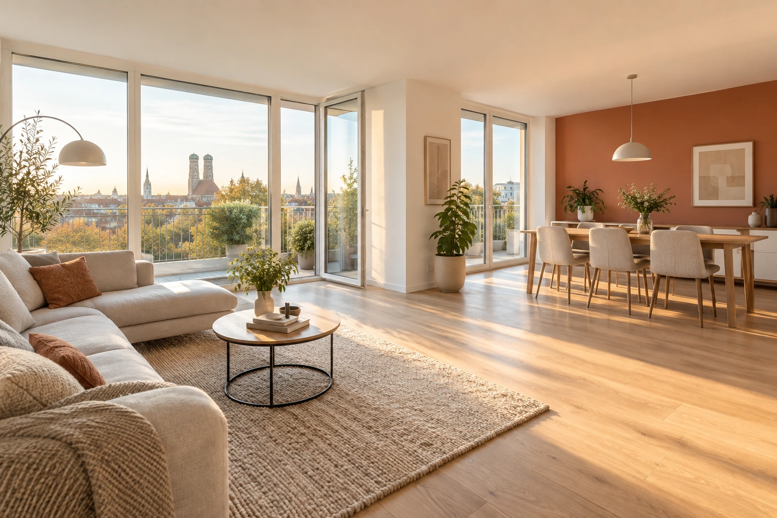 Visualisierung eines fertig gestrichenen offenen Wohnraums mit terrakottafarbener Akzentwand