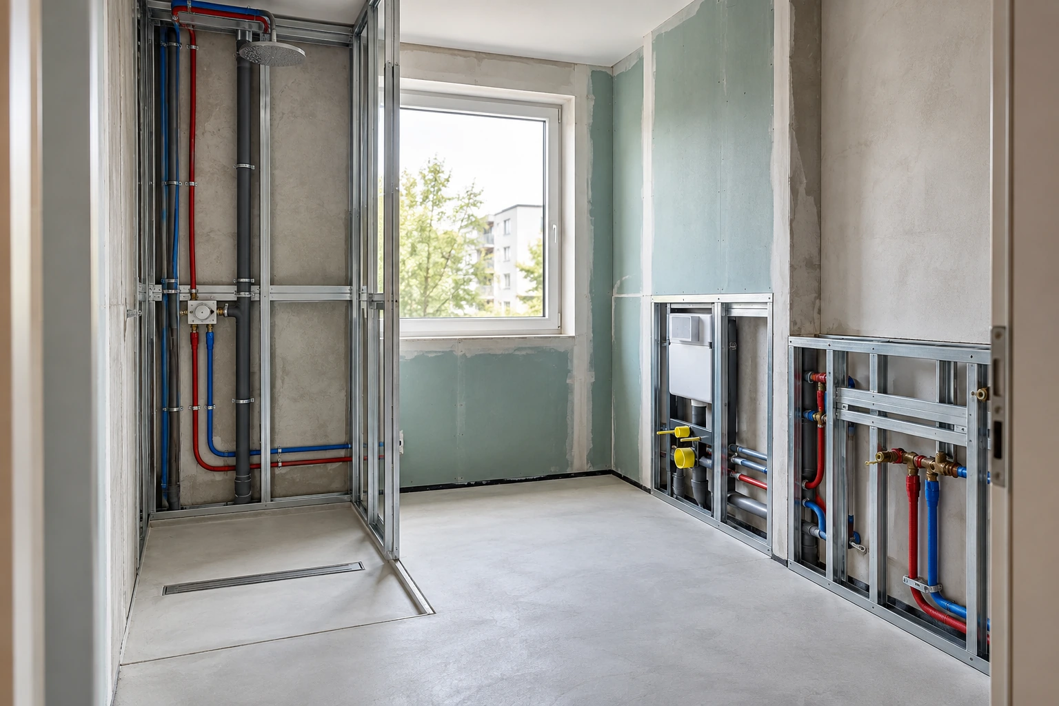 Visualisierung der koordinierten Rohinstallation eines modernen Badezimmers