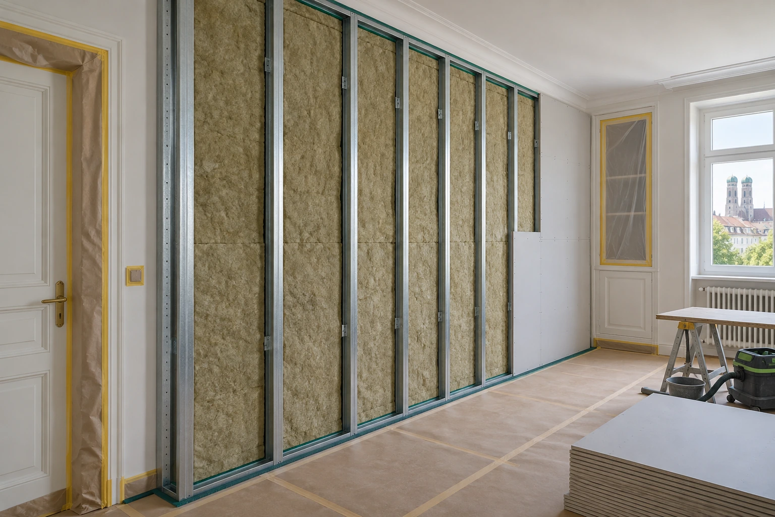 Entkoppelte Metallunterkonstruktion mit Mineralwolle im Münchner Altbau