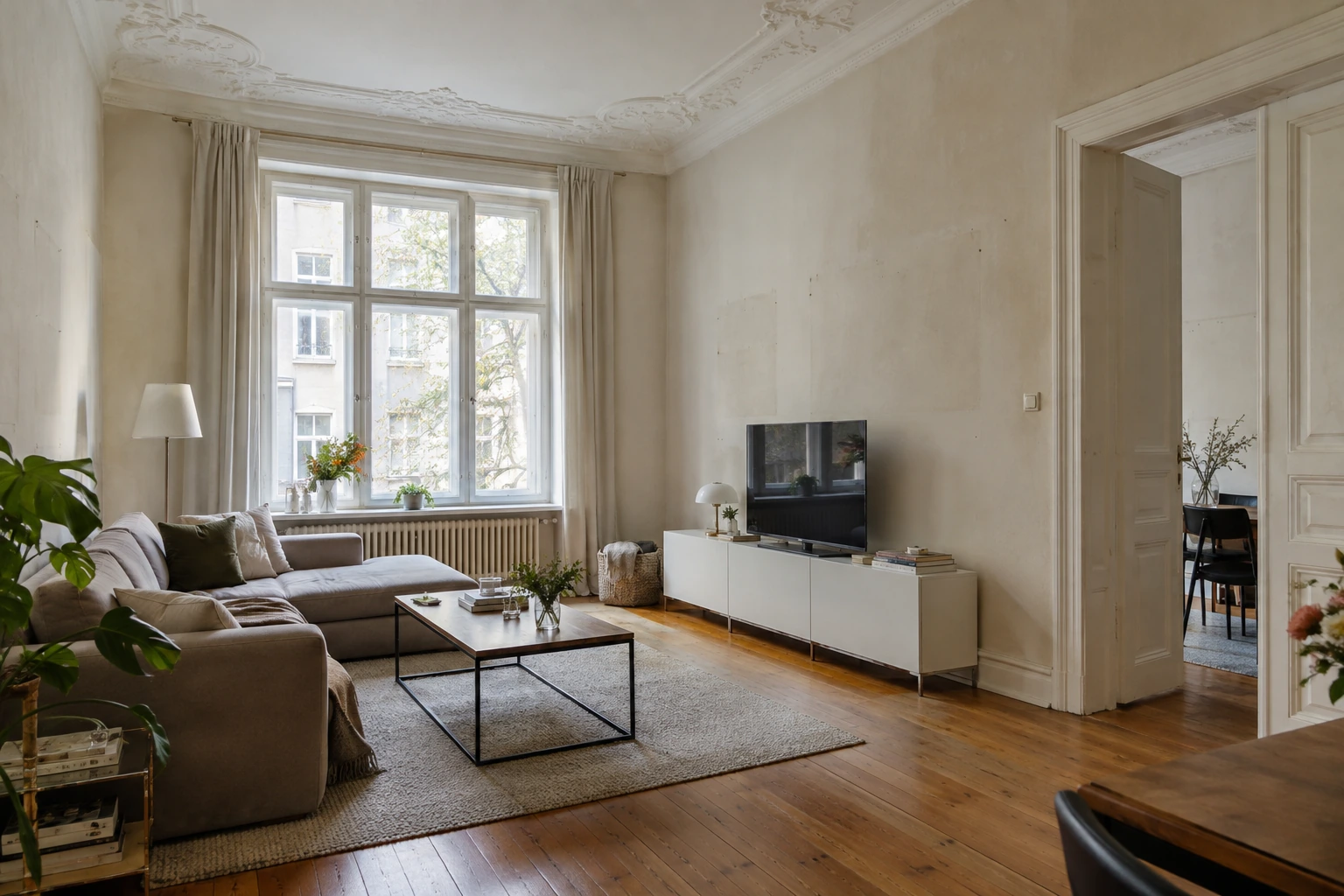 Wohnzimmer im bewohnten Bestand vor der Vorbereitung des Innenanstrichs
