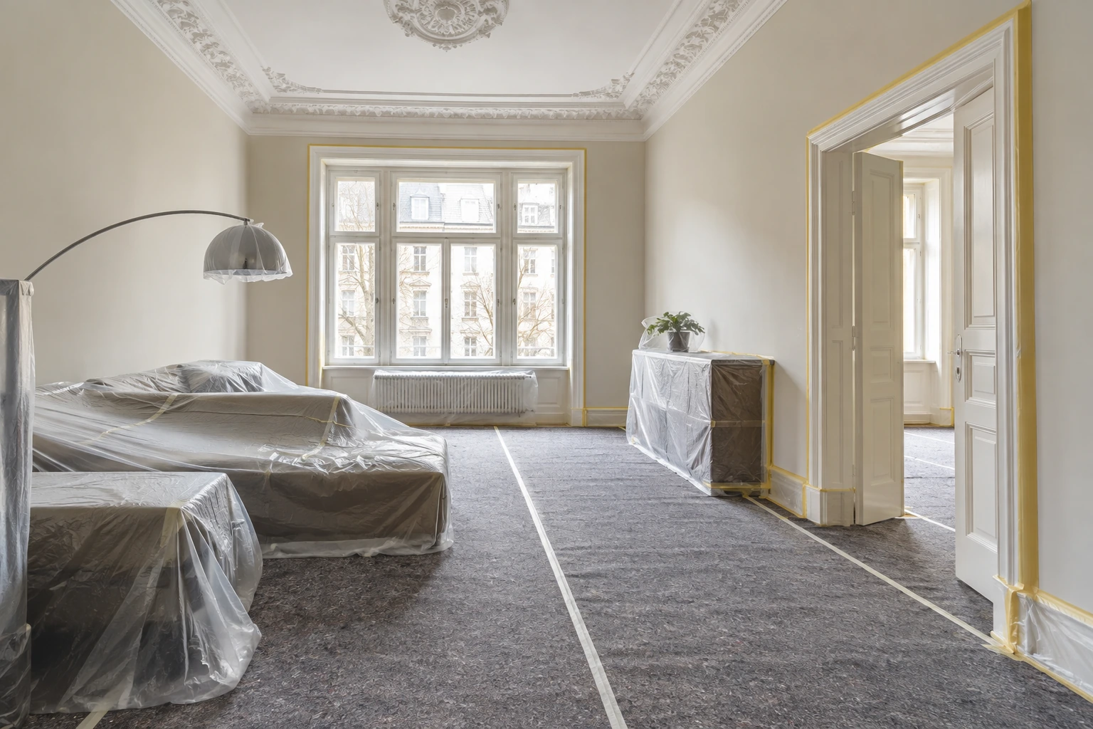 Möbel und Boden eines Altbau-Wohnzimmers vollständig für Malerarbeiten geschützt