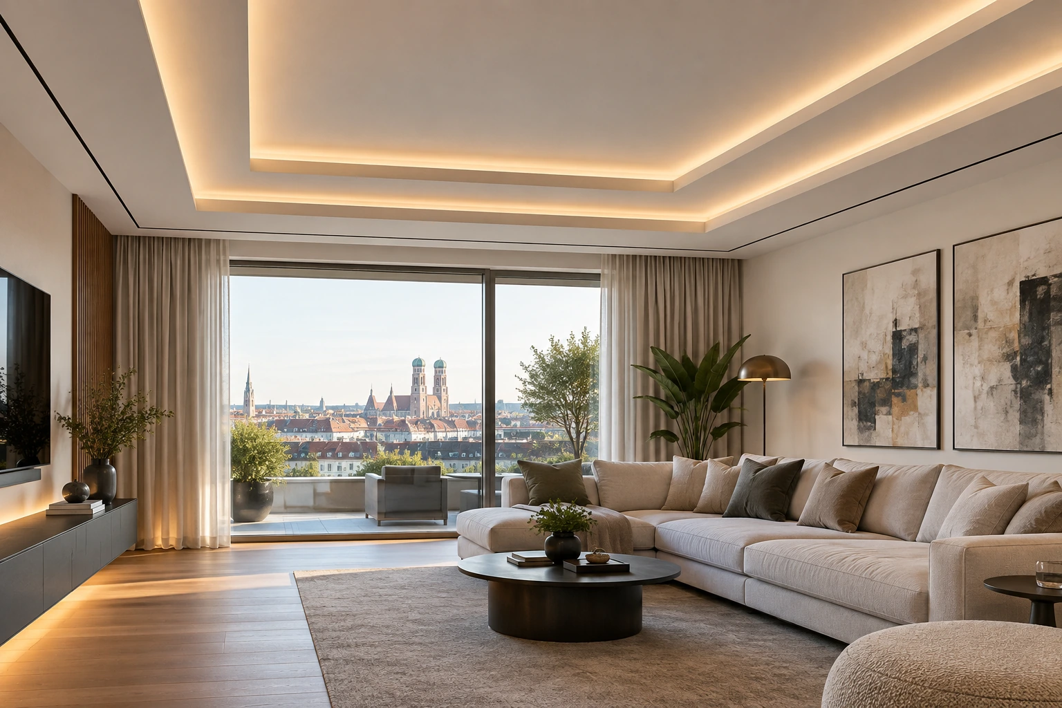 Abgestufte Trockenbau-Lichtvoute mit umlaufender Schattenfuge im Wohnzimmer