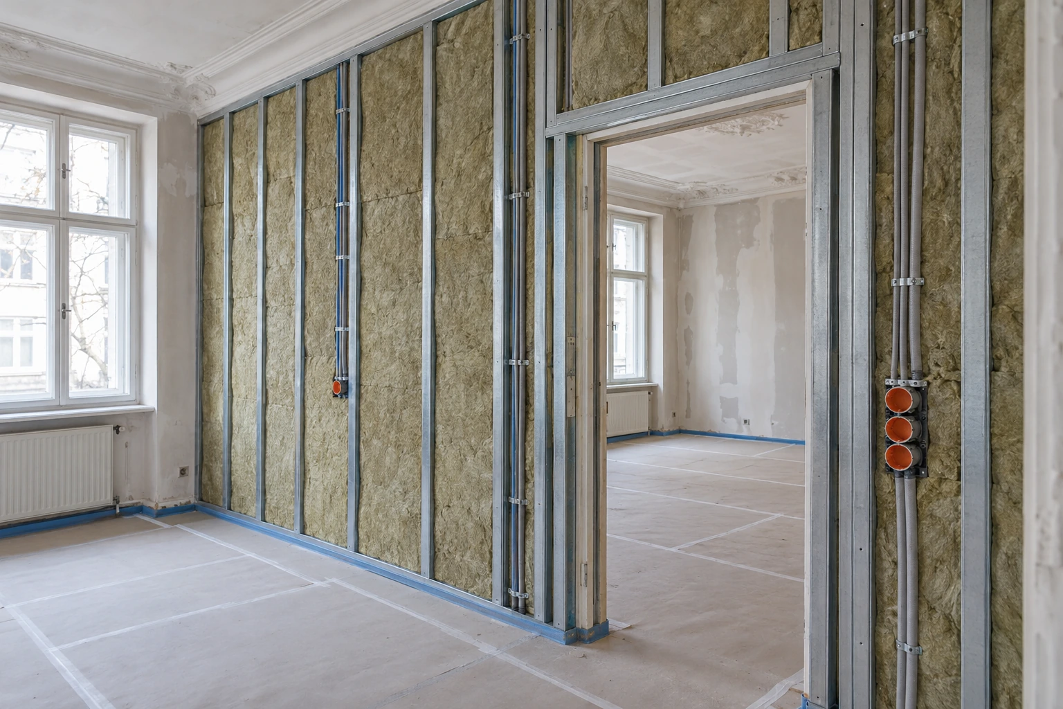 Gedämmte Metall-Unterkonstruktion mit verstärktem Türanschluss im Münchner Altbau