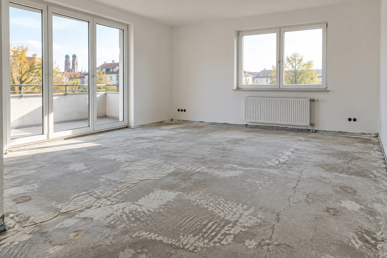 Freigelegter Estrich mit Kleberesten vor der fugenlosen Bodenbeschichtung