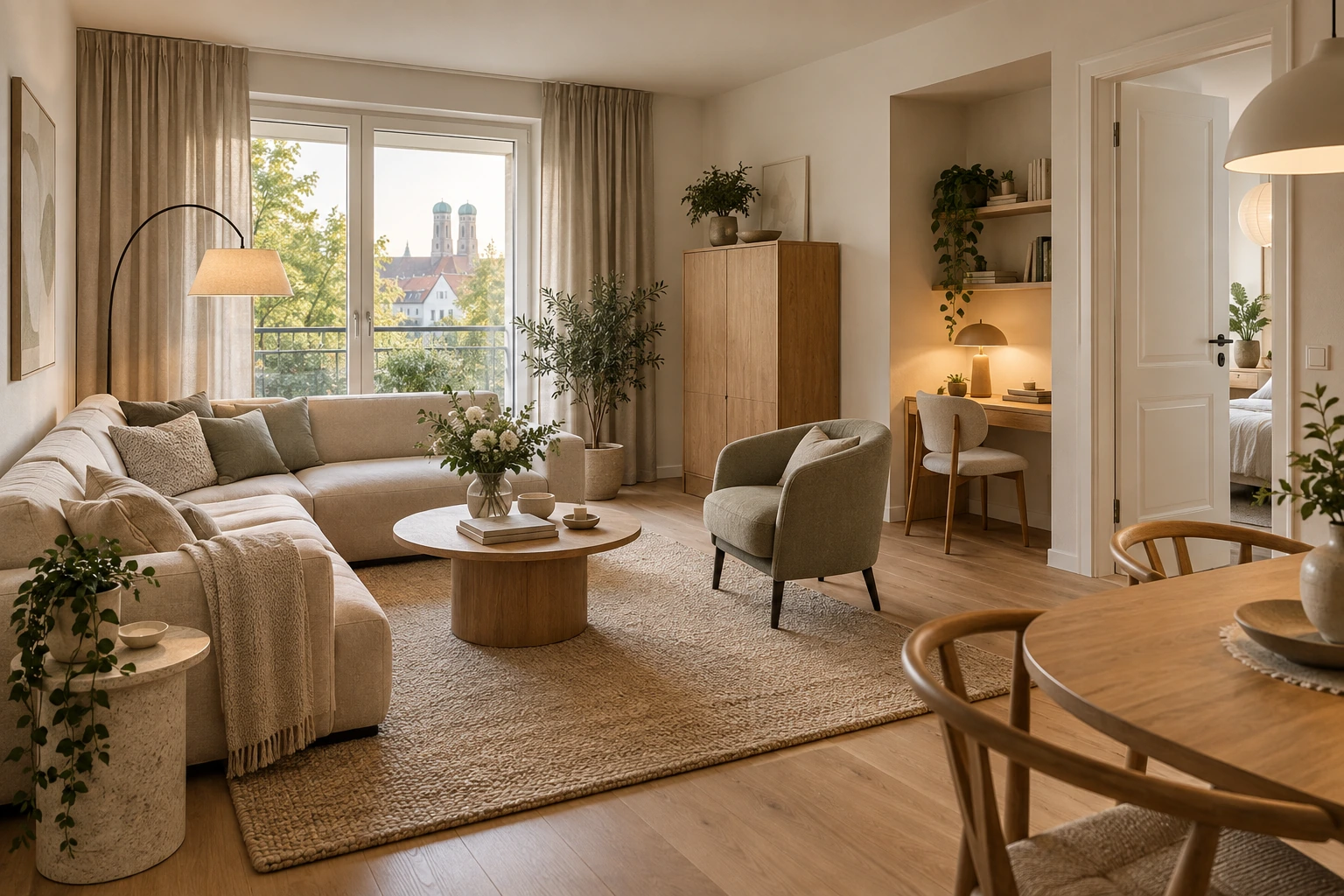 Fertig eingerichteter Münchner Wohnraum mit Arbeitsplatz und klarer Wegeführung