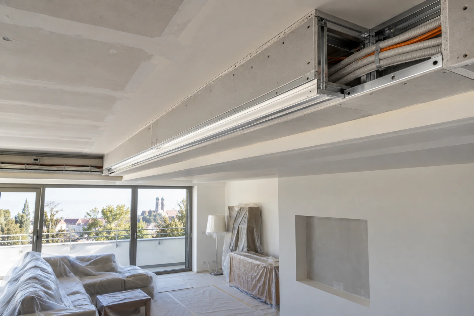 Trockenbau-Unterkonstruktion mit integriertem Lichtprofil und separatem Kabelweg