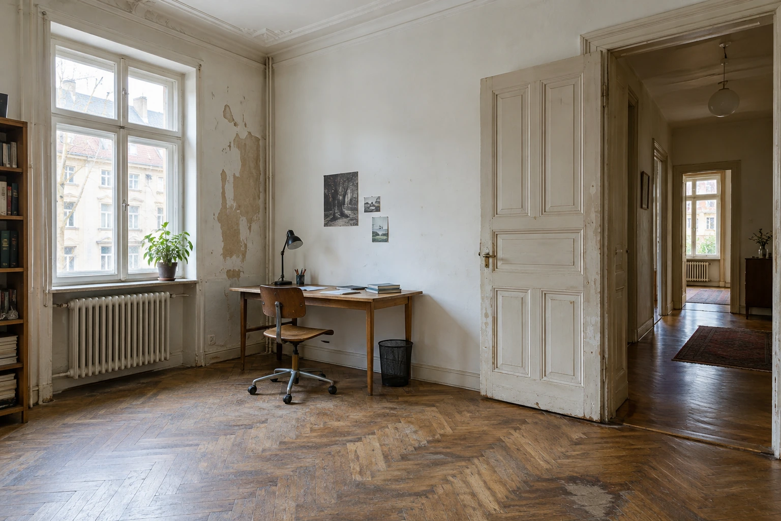 Arbeitszimmer im Altbaubestand mit beschädigter Wand und abgenutztem Parkett