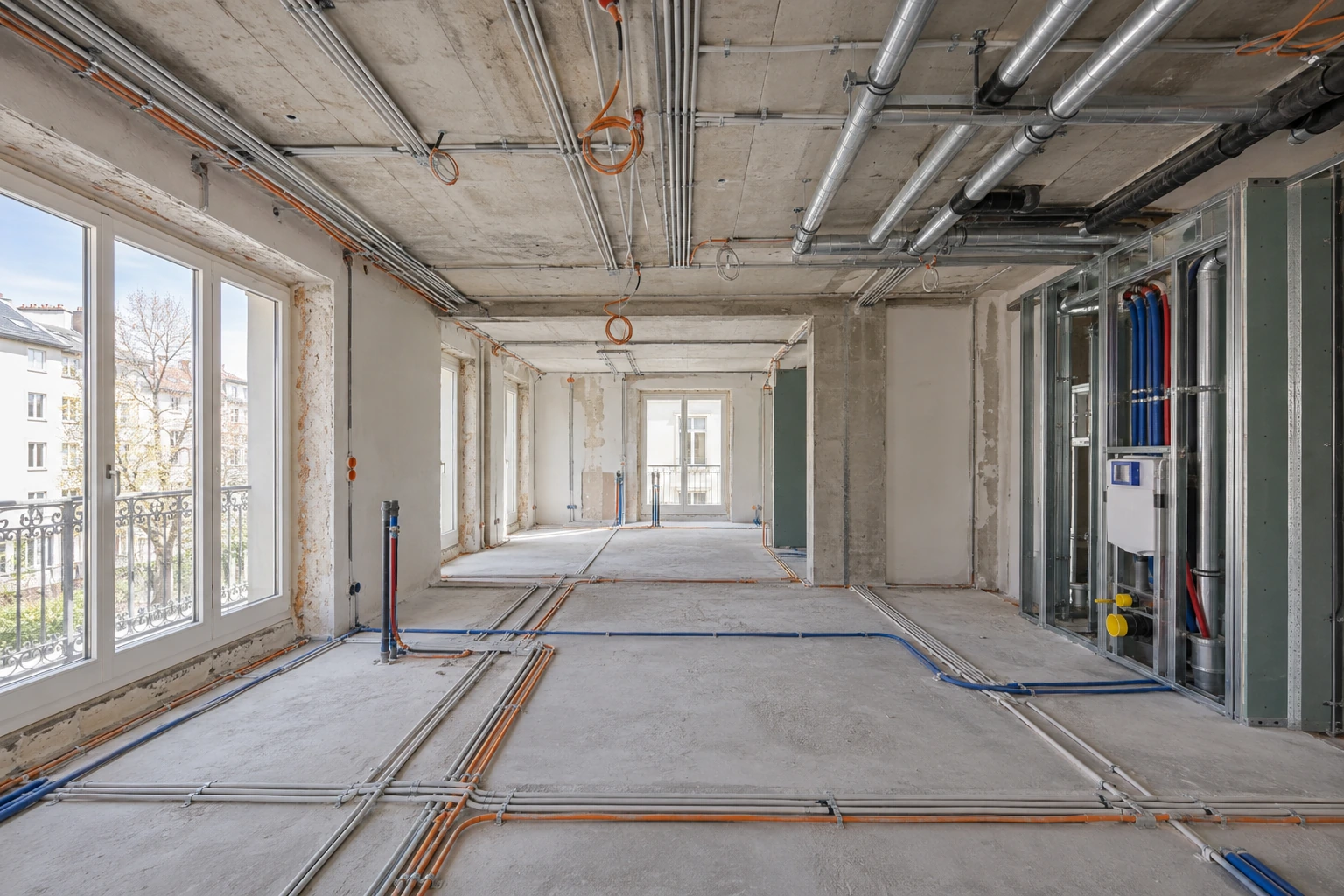 Koordinierte Rohinstallation von Leitungen und Gebäudetechnik in der zweiten Projektphase