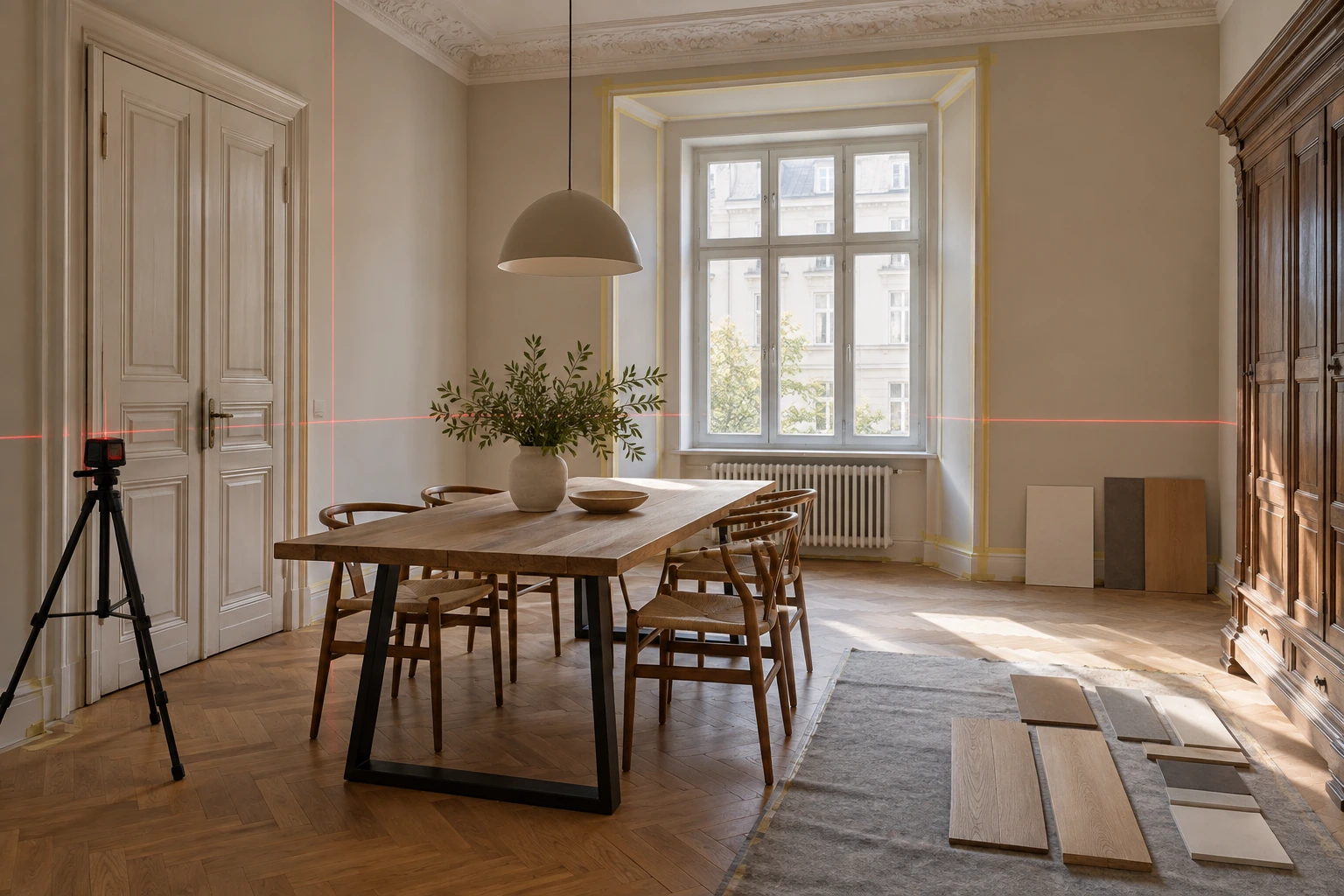 Aufmaß und Materialauswahl für Wände, Nische und Boden im Esszimmer