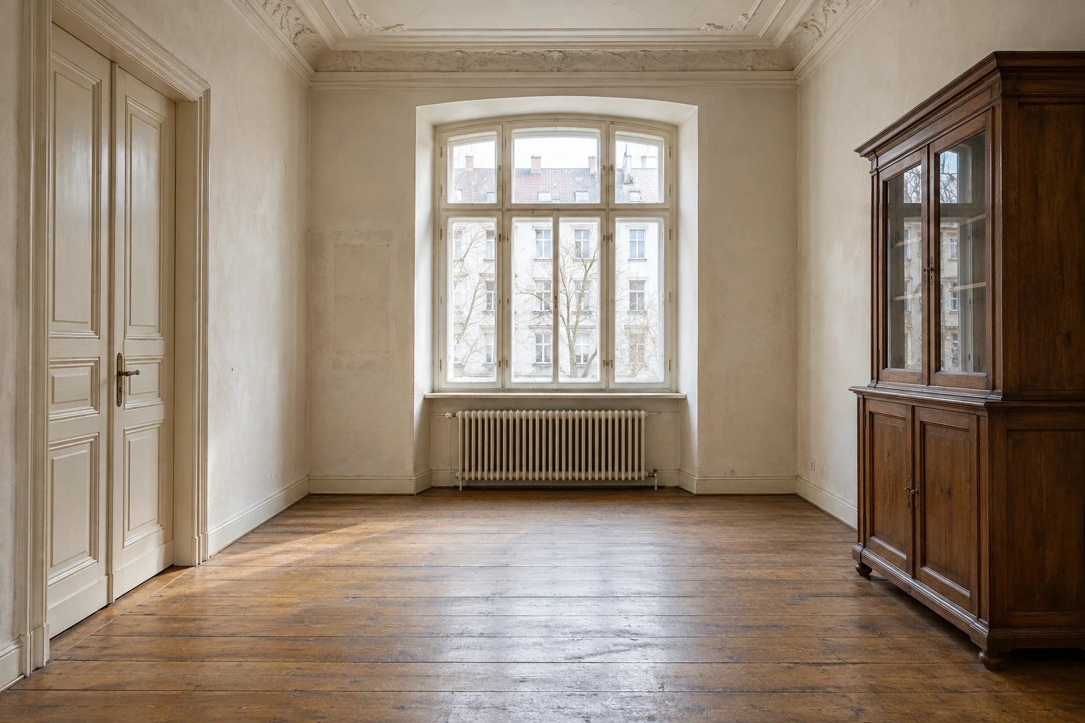 Altbau-Esszimmer mit abgenutzten Oberflächen vor der Renovierung