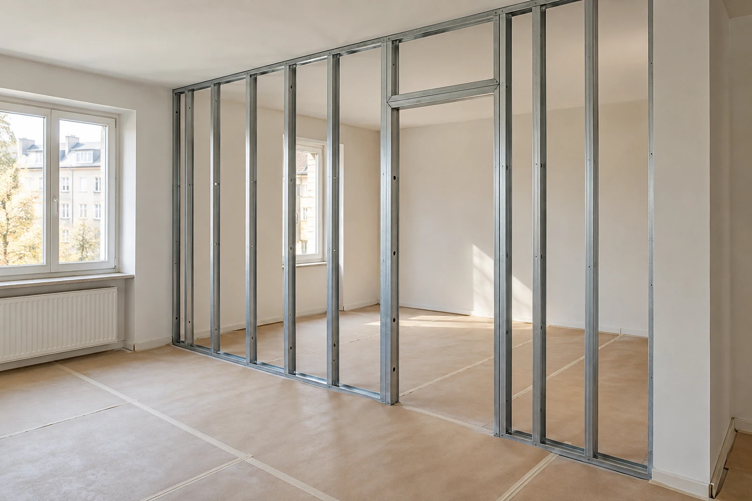 Metallständerwerk der neuen Trennwand während der Ausführung