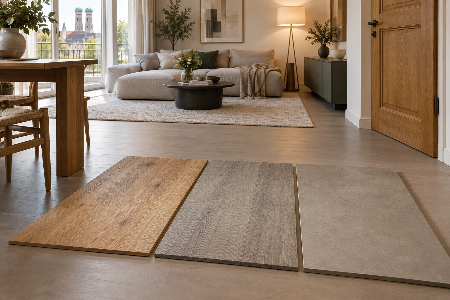 Bodenmuster aus Holz, Designbelag und Mineraloberfläche im Raumlicht