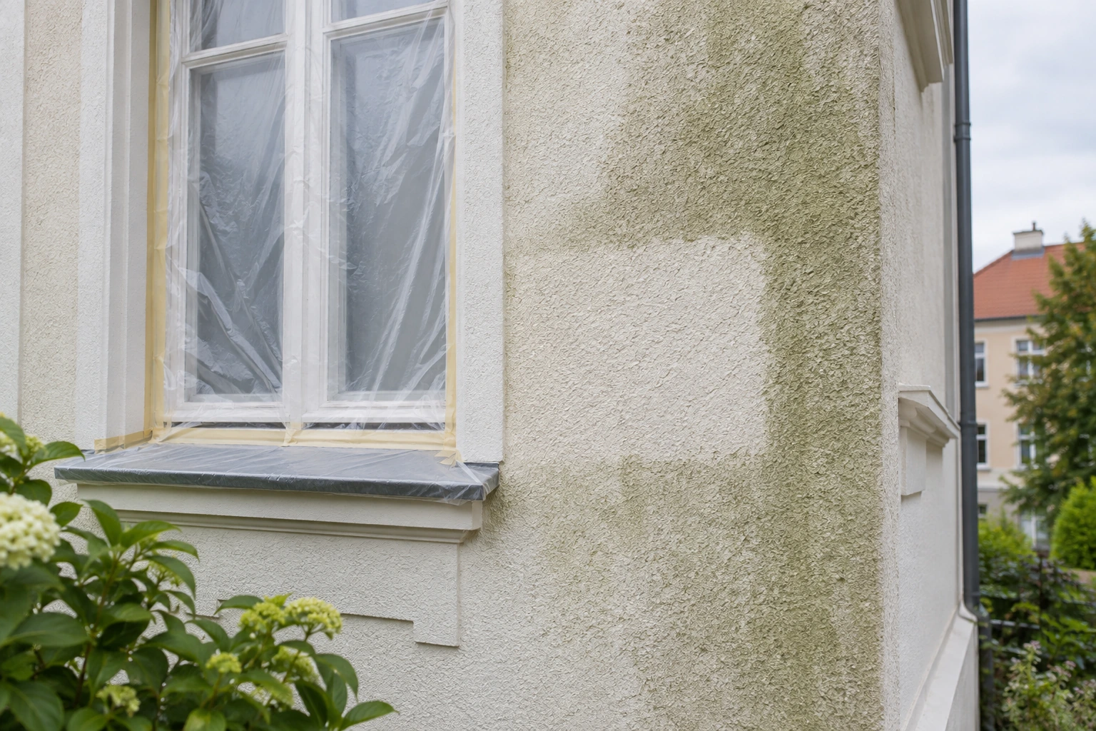 Abgedecktes Fenster neben einer begrenzten Probefläche im Fassadenputz