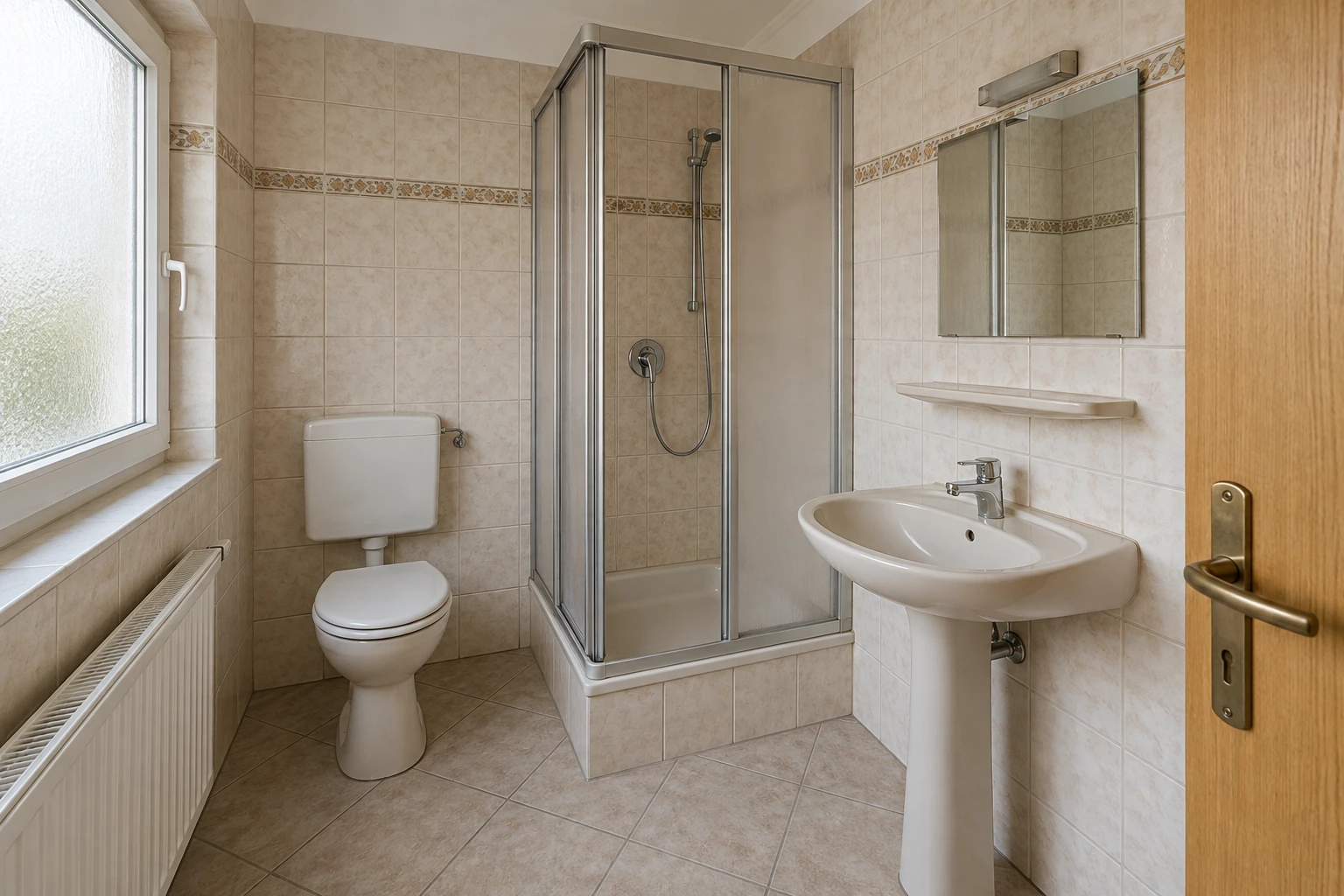 Kompaktes Bestandsbad mit älterer Dusche, WC und Waschbecken