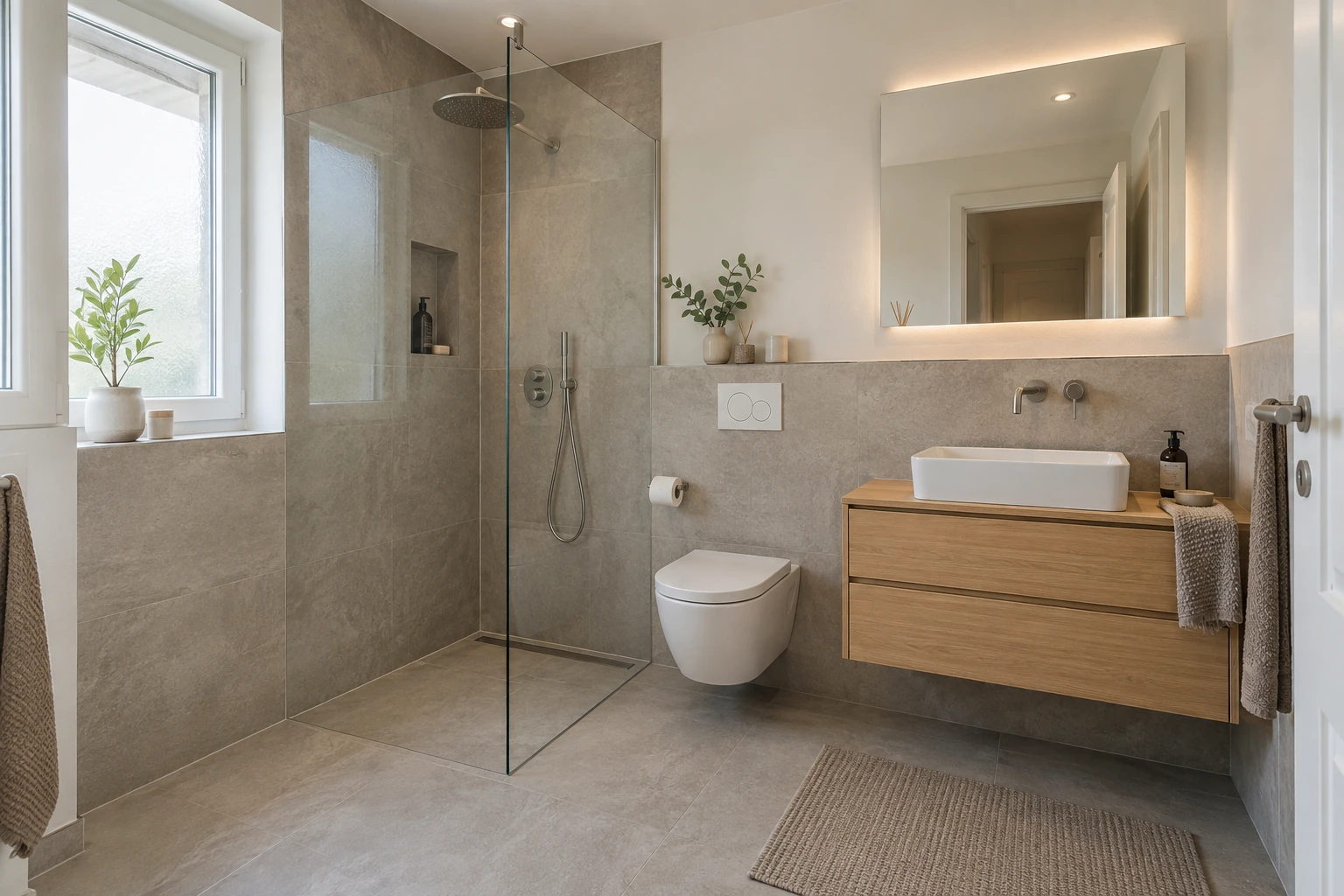 Fertiggestelltes Badezimmer mit Dusche, Wand-WC und Waschtisch