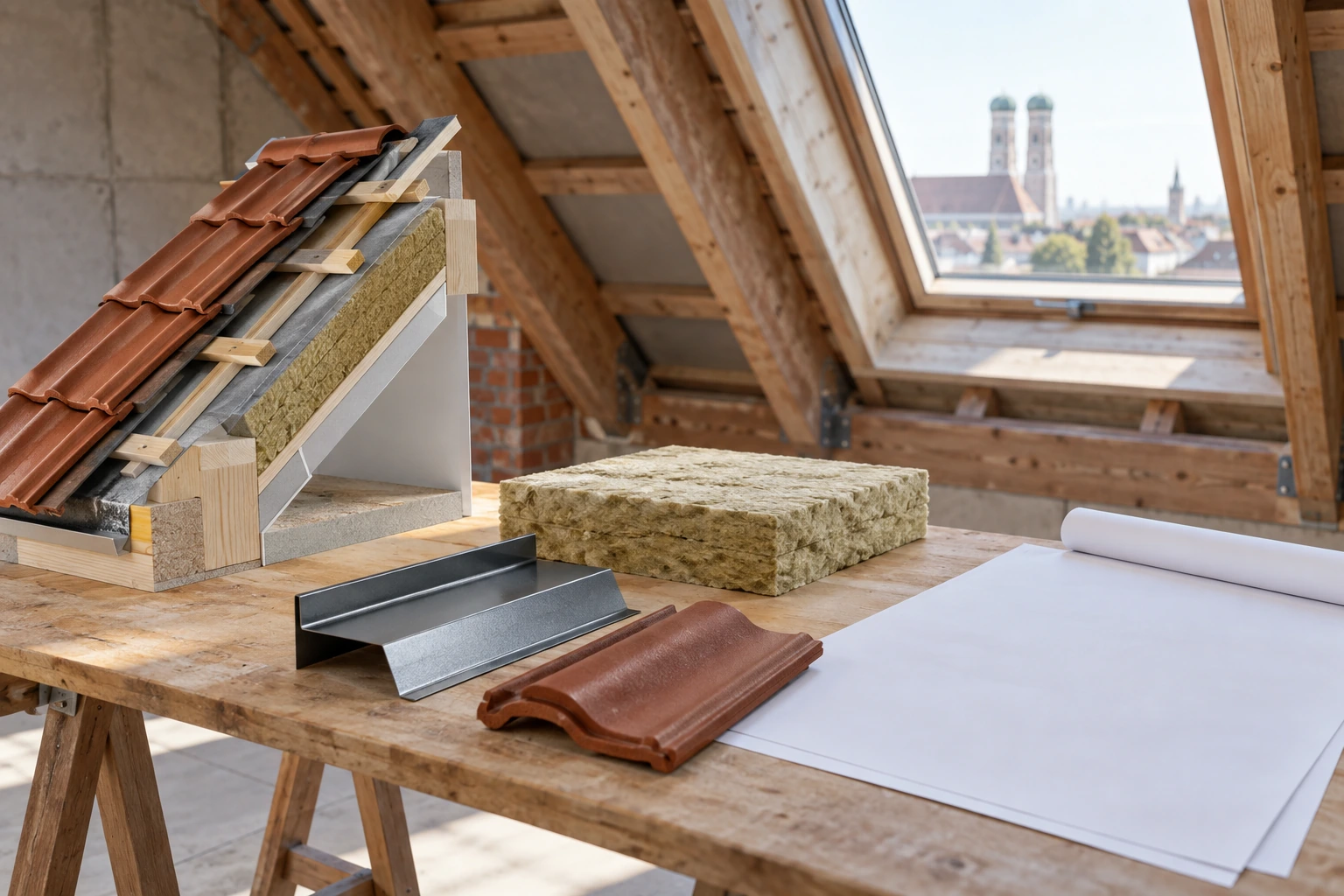 Dachmodell und Materialproben zur Planung von Dämmung und Anschlüssen