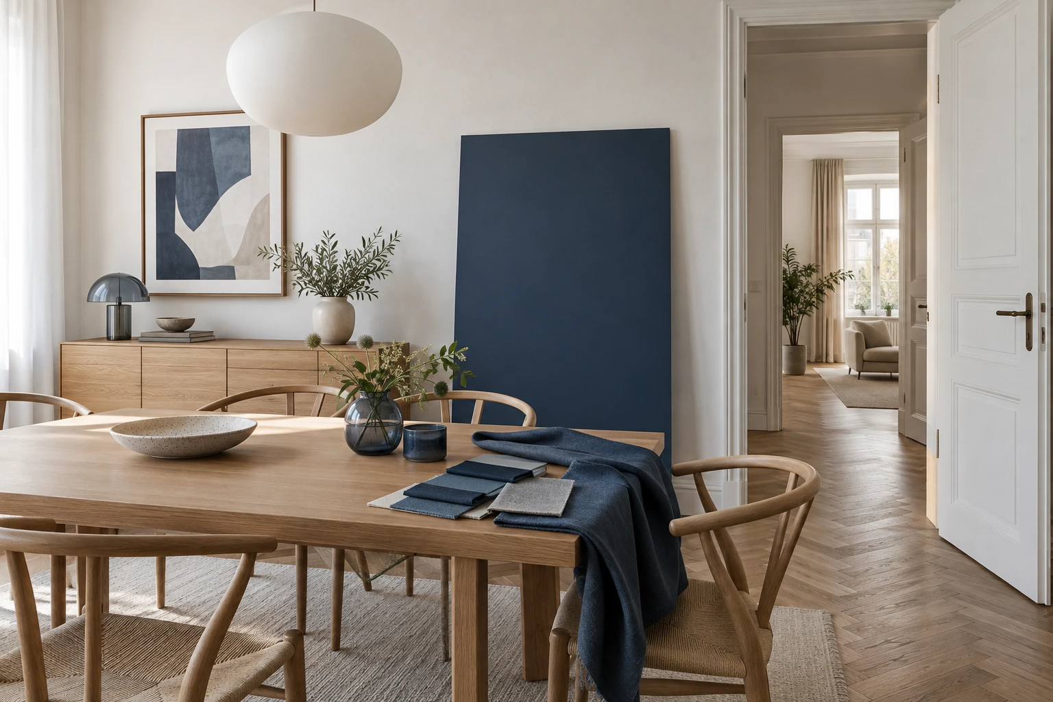 Blaues Farbmuster und Textilien im Vergleich mit der erhaltenen Einrichtung