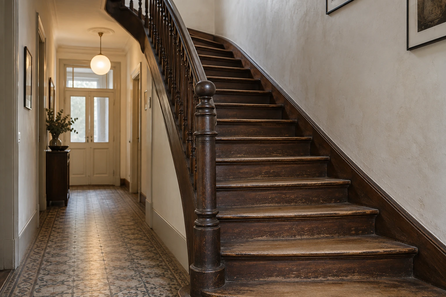 Gealterte Holztreppe mit matten Stufen und erhaltenem dunklem Geländer