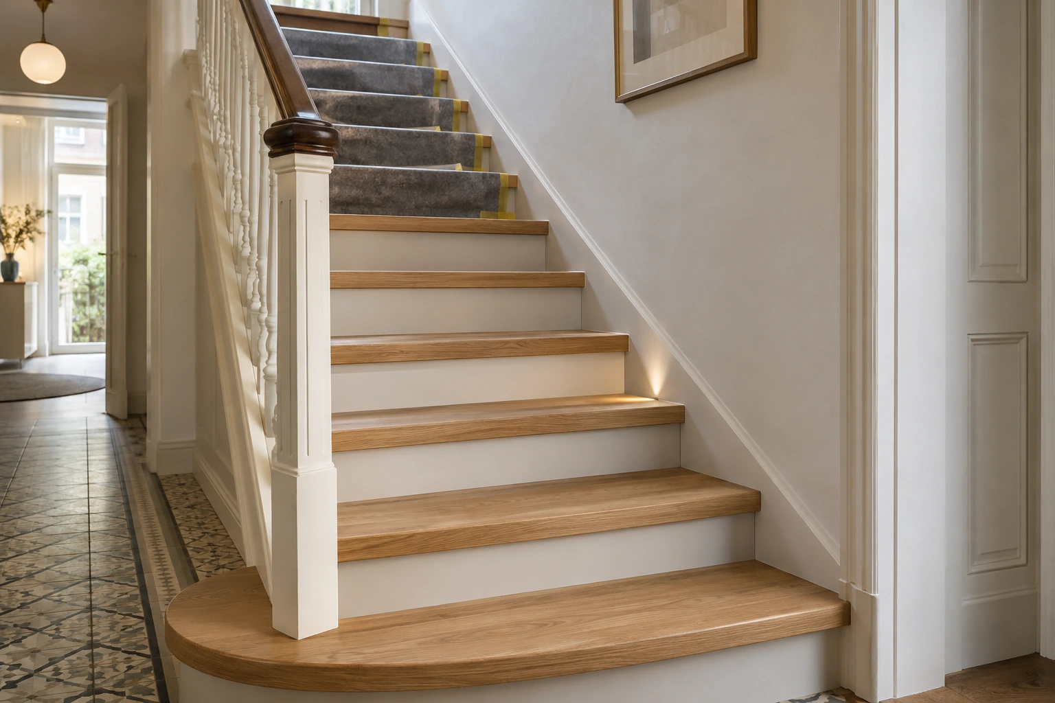 Stufenweise Montage neuer Eichenauflagen, Vorderkanten und heller Setzstufen