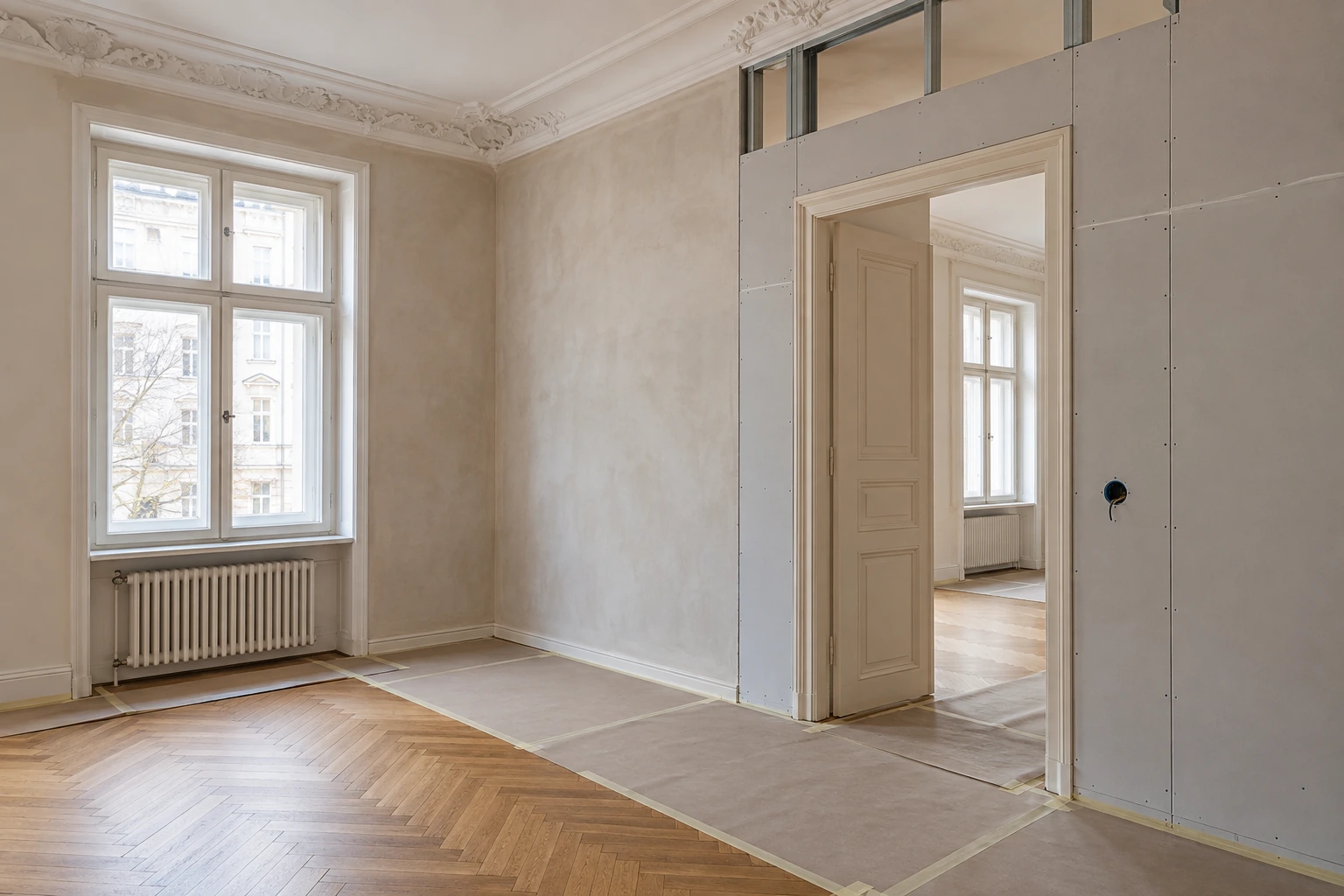 Neue Raumtrennung und erneuerte Wandflächen während der Ausbauphase