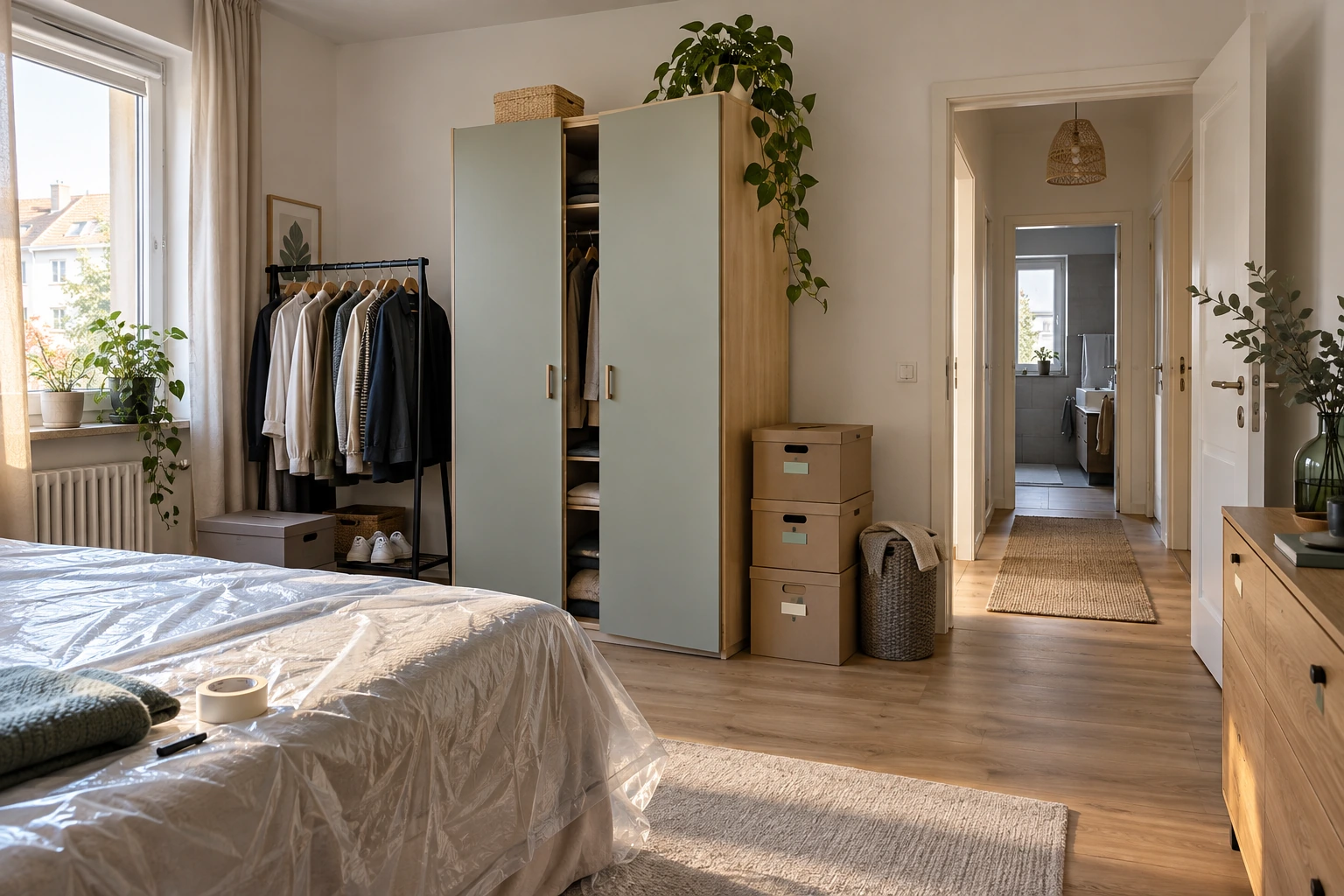 Verschobener Schrank, zugängliche Kleidung und geschütztes Bett